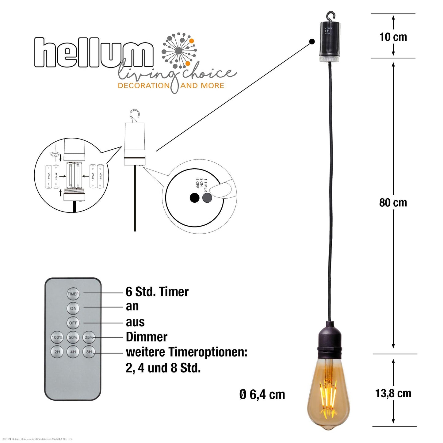 LED-Filament Vintage-Lampe,Ø6,4 * 13,8 cm, goldfarben, mit Fernbedienung und Timer, batteriebetrieben