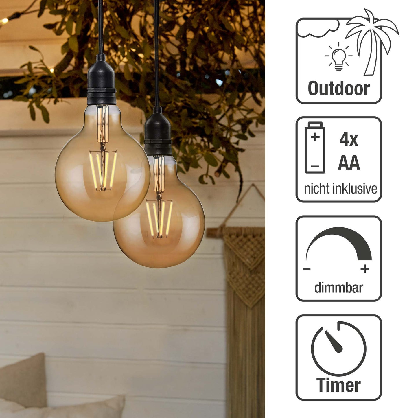 LED-Filament Vintage-Lampe,Ø9,5 * 13,7 cm, goldfarben, mit Fernbedienung und Timer, batteriebetrieben