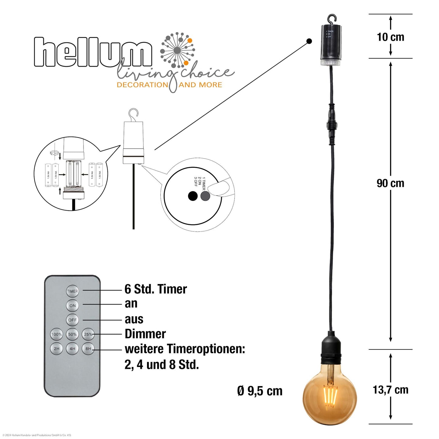 LED-Filament Vintage-Lampe,Ø9,5 * 13,7 cm, goldfarben, mit Fernbedienung und Timer, batteriebetrieben