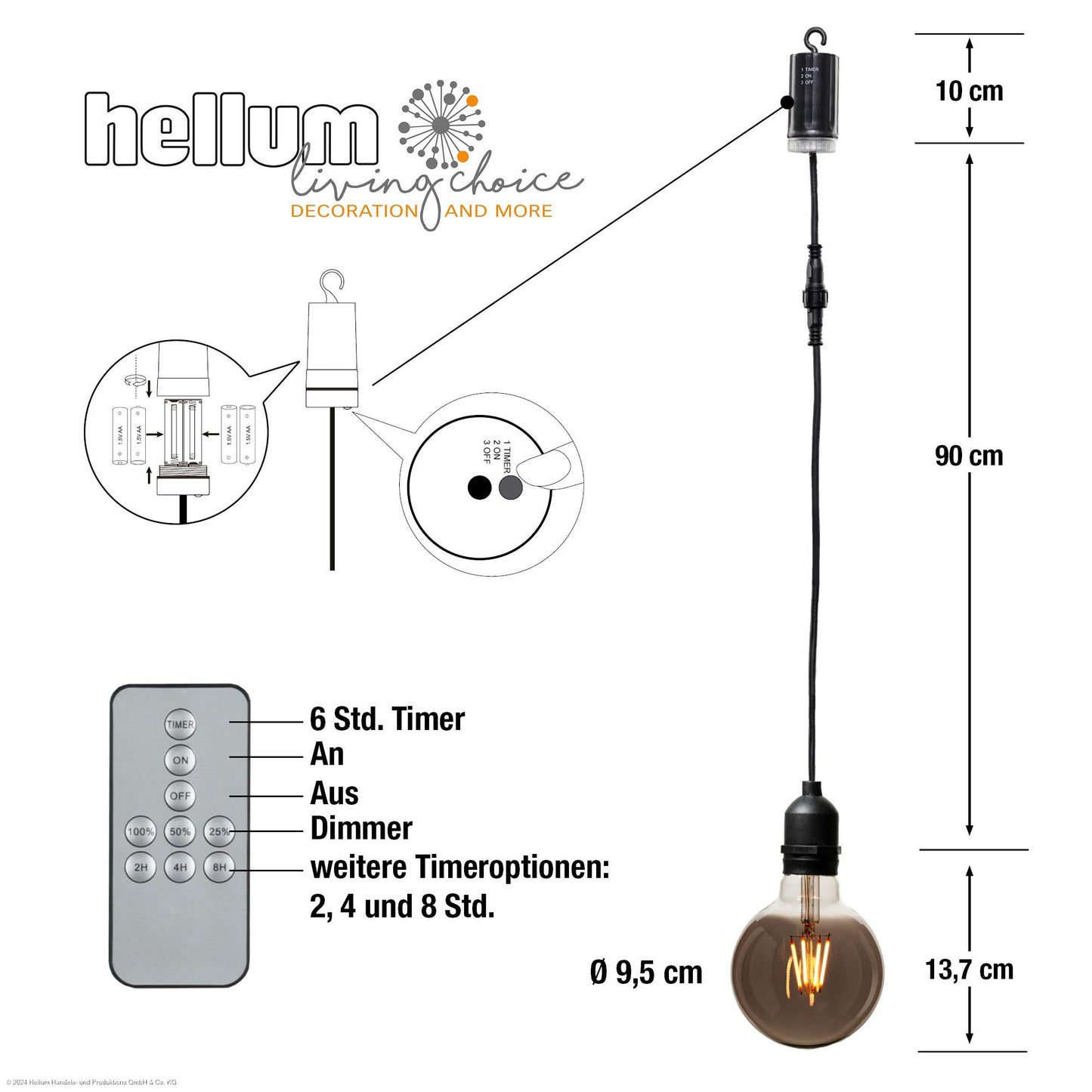 LED-Filament Vintage-Lampe,Ø9,5 * 13,7 cm, "Smokey", mit Fernbedienung und Timer, batteriebetrieben