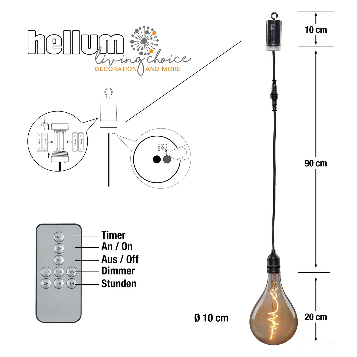 LED-Filament Vintage-Lampe,Ø10 * 20 cm, "Smokey", mit Fernbedienung und Timer, batteriebetrieben