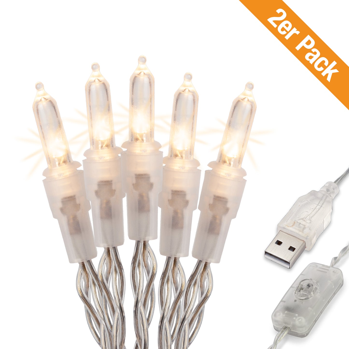 2er Set 20-tlg. LED-Lichterkette, warm-weiß, transparentes Kabel, USB -Anschluss_523126