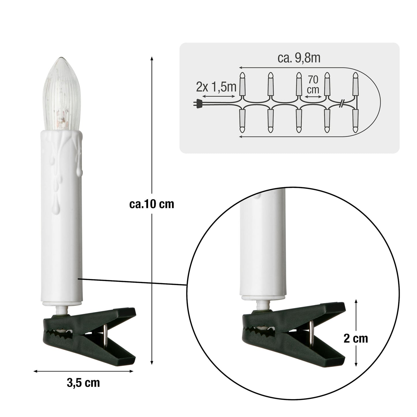 Hellum LED Lichterkette Weihnachtsbaum, 15 LED Kerzen, 9,8m, Innen, mit Stecker & Clip-Befestigung, stromsparend