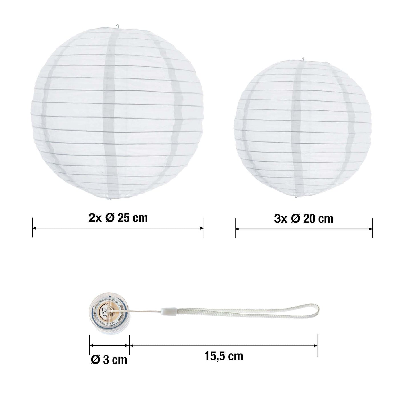 5er-Lampion-Set, warmweiß, 2x25/3x20cm