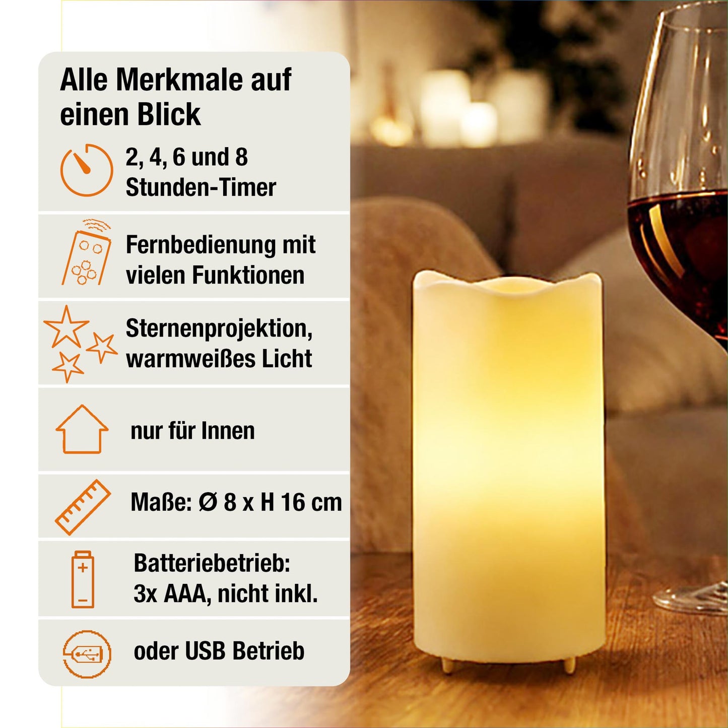 LED Kerze mit Timer & Sternenprojektor, Batterie & USB, Echtwachs