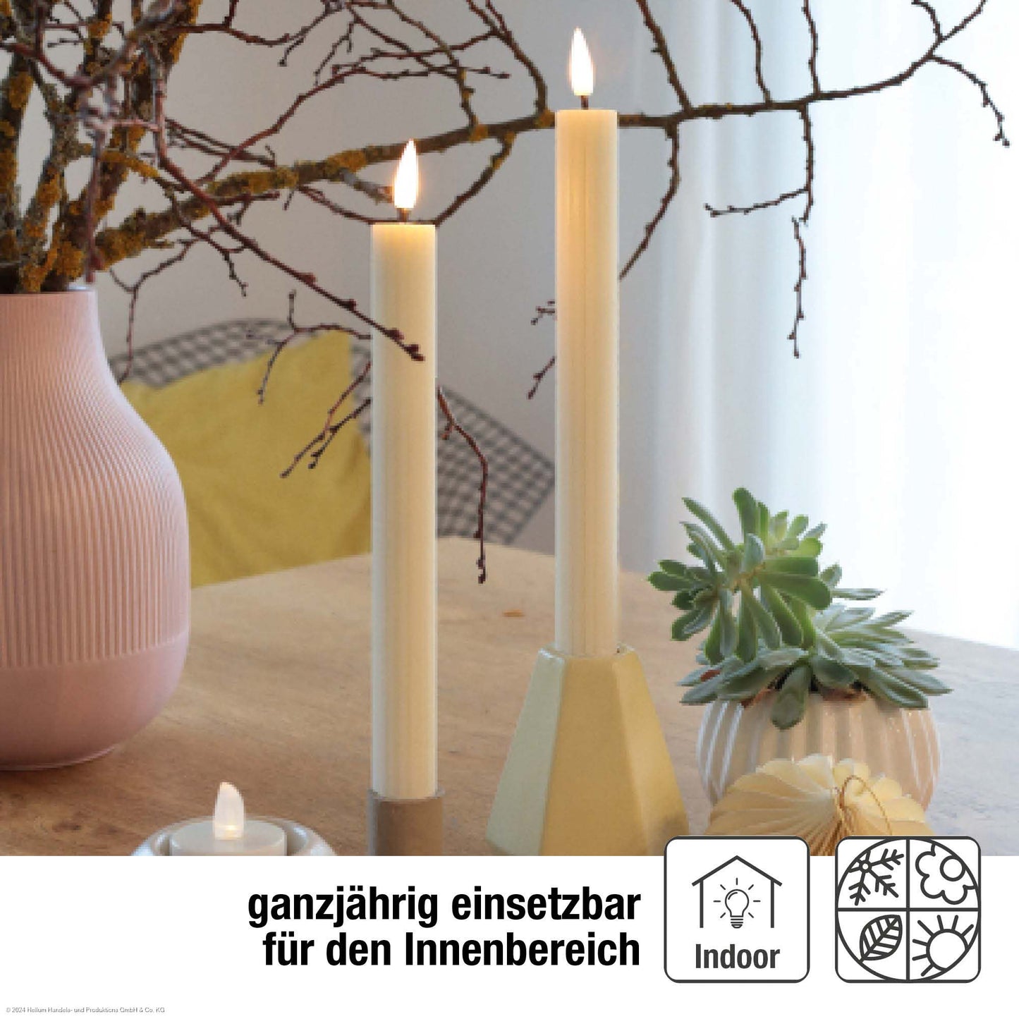 2er-Set LED-Tafelkerzen Echtwachs crèmefarben mit Flammenoptik 2AAA batteriebetrieben mit Fernbedienung, 525182