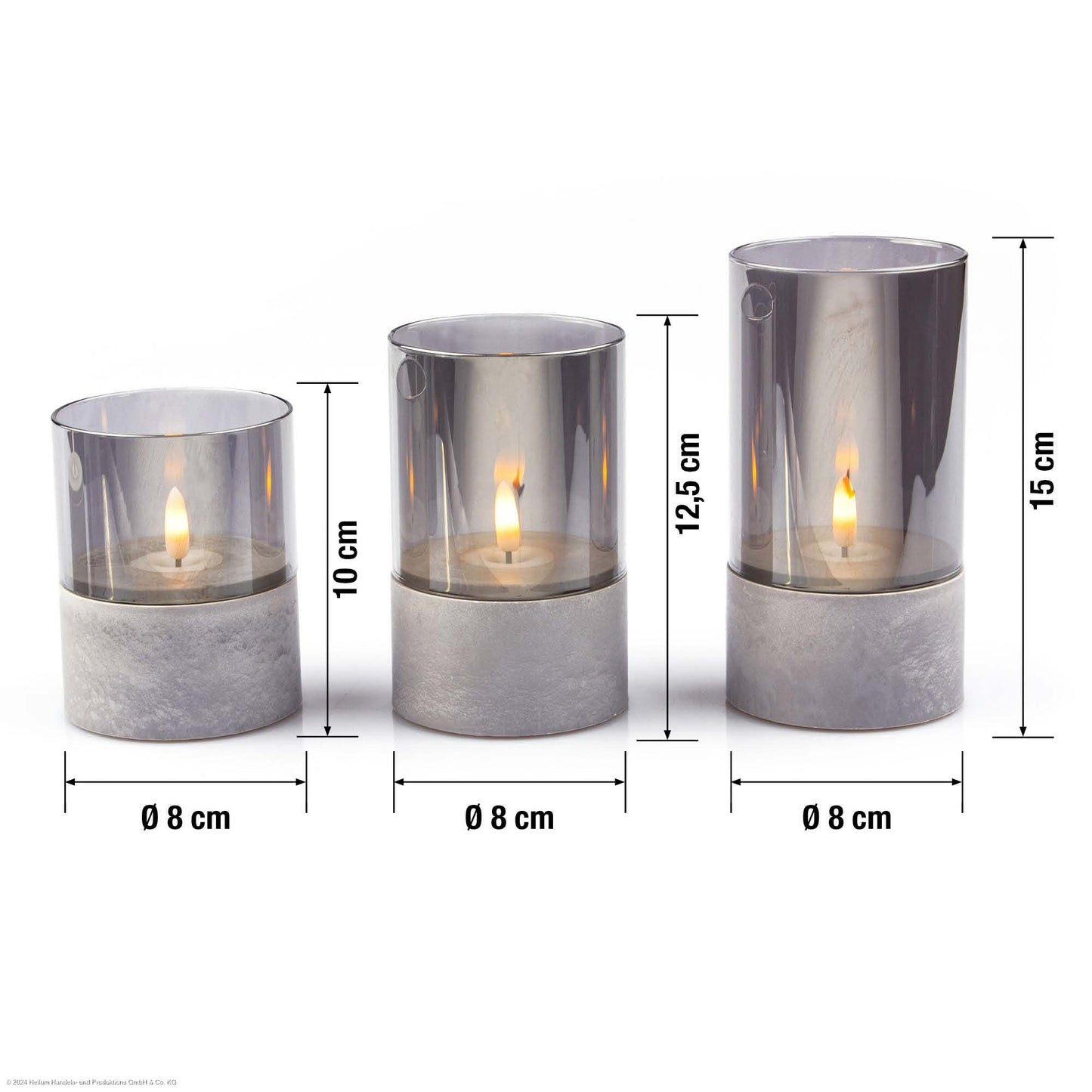 LED-Windlicht, ww, 3er-Set, mit Rauchglas, Timer, ø 8 * 10/ 12,5 / 15 cm, IP44, 525397