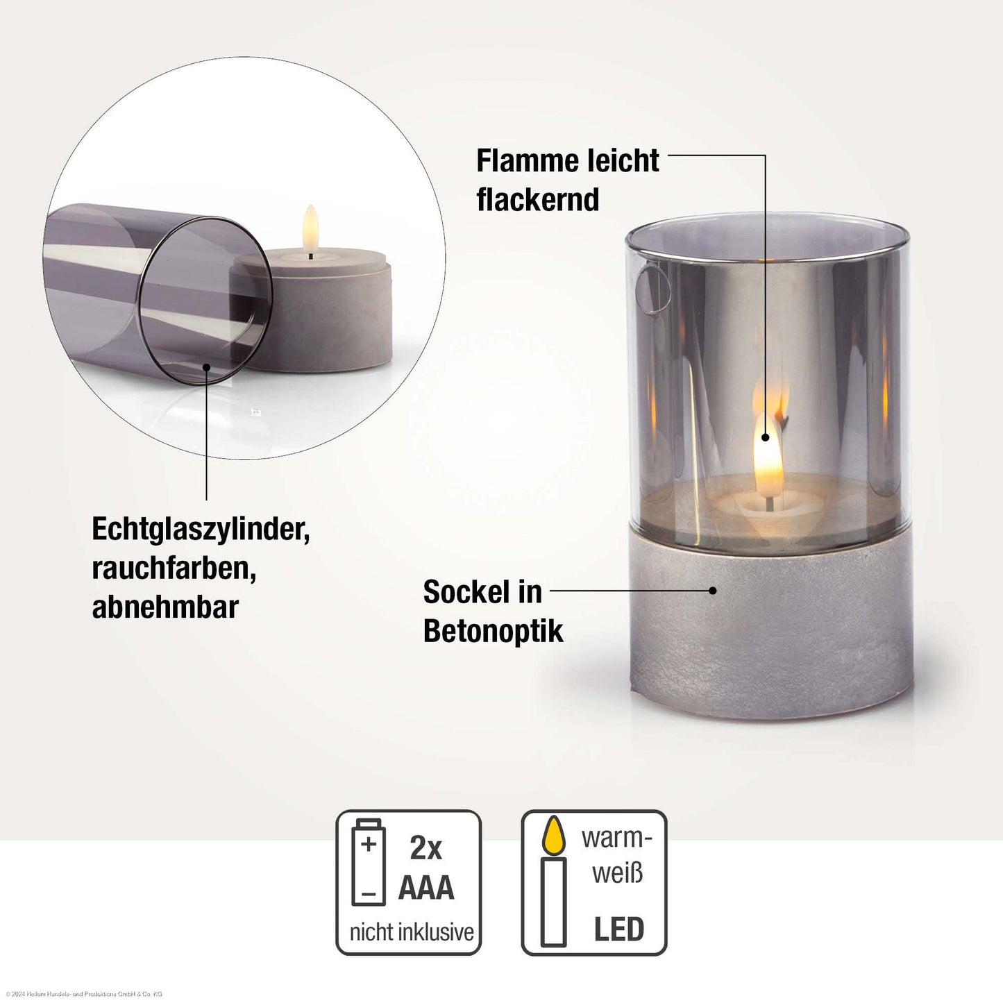 LED-Windlicht, ww, 3er-Set, mit Rauchglas, Timer, ø 8 * 10/ 12,5 / 15 cm, IP44, 525397