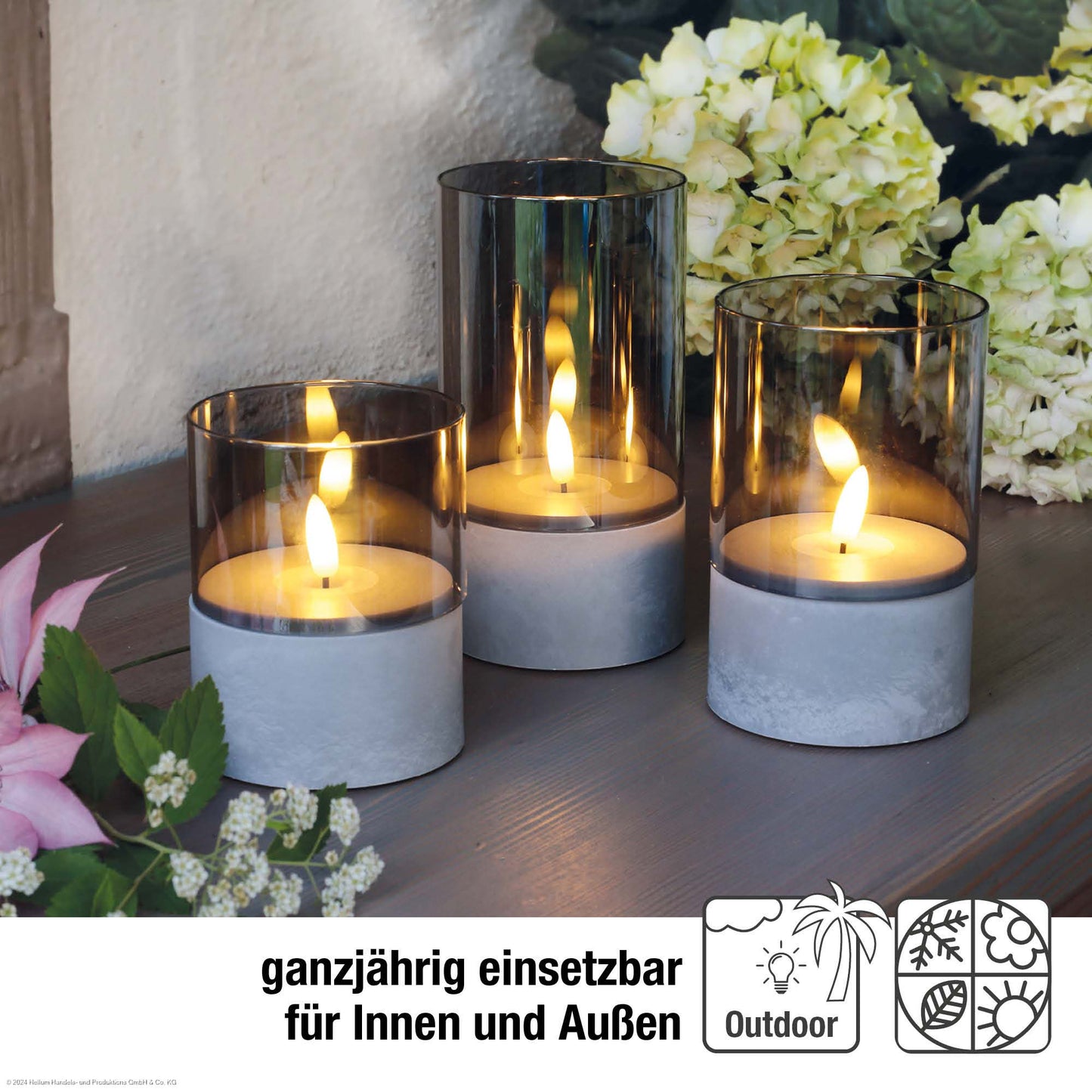 LED-Windlicht, ww, 3er-Set, mit Rauchglas, Timer, ø 8 * 10/ 12,5 / 15 cm, IP44, 525397