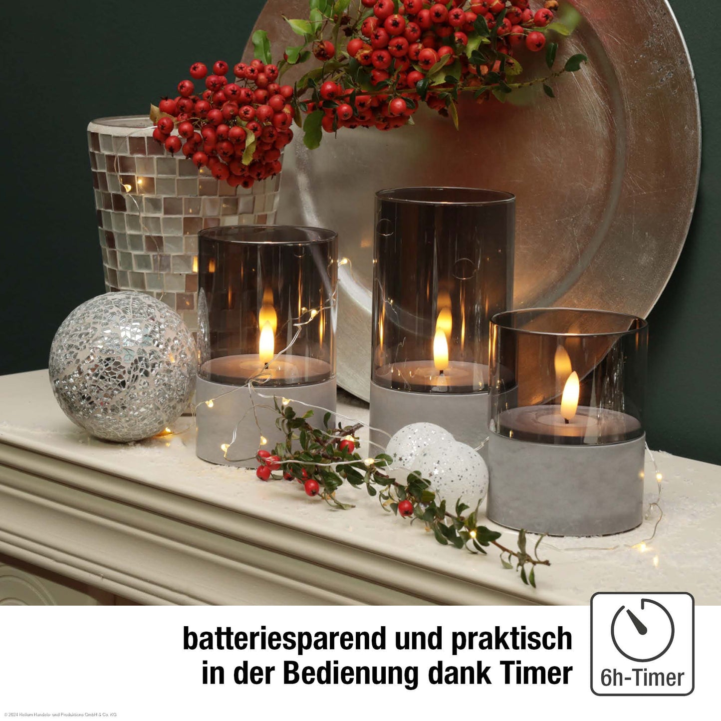 LED-Windlicht, ww, 3er-Set, mit Rauchglas, Timer, ø 8 * 10/ 12,5 / 15 cm, IP44, 525397
