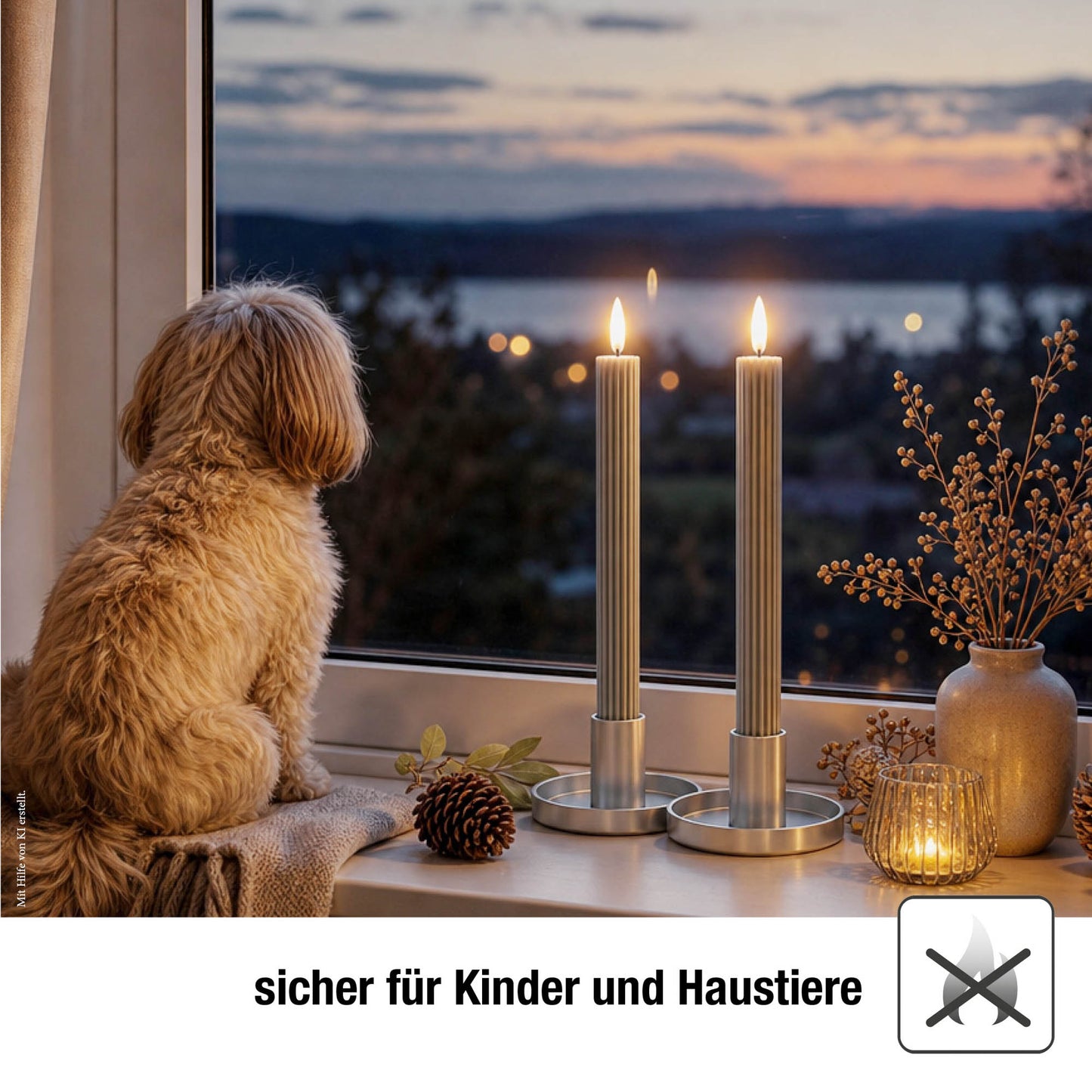 LED Stabkerzen Echtwachs 2er Set grau / taupe, 2 LED warmweiß, ⌀ 2,2 cm x 24,5 cm, Fernbedienung mit Timer, batteriebetrieben