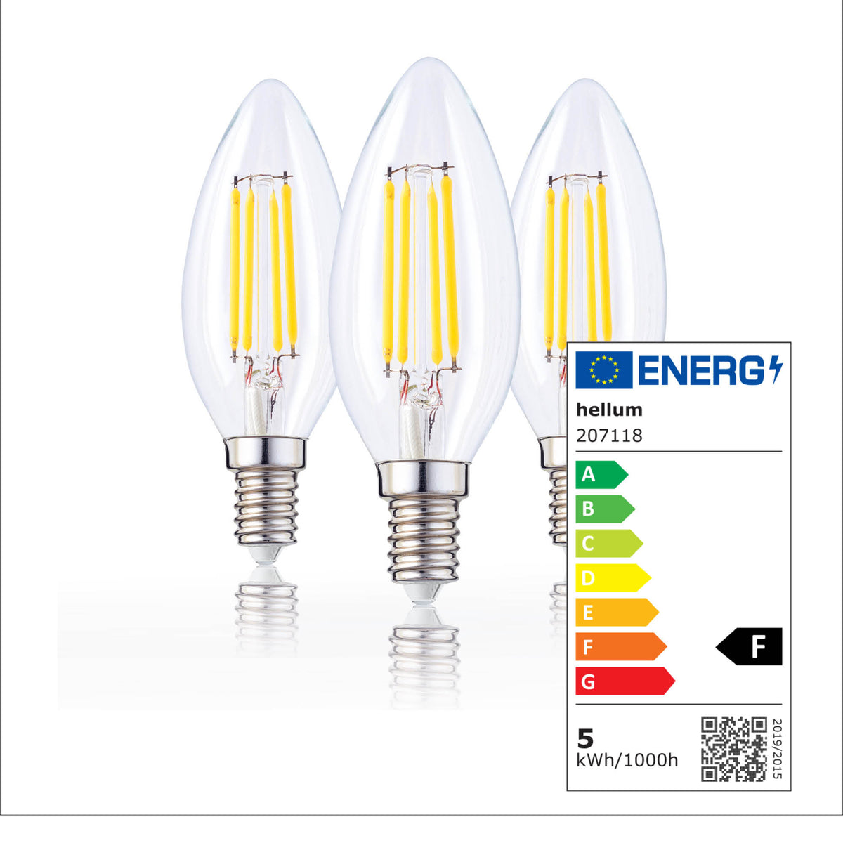 LED Kerzenbirne E14, 3er Set warmweiß, 4,5W 470 Lumen, klar, EPREL ID 1353788