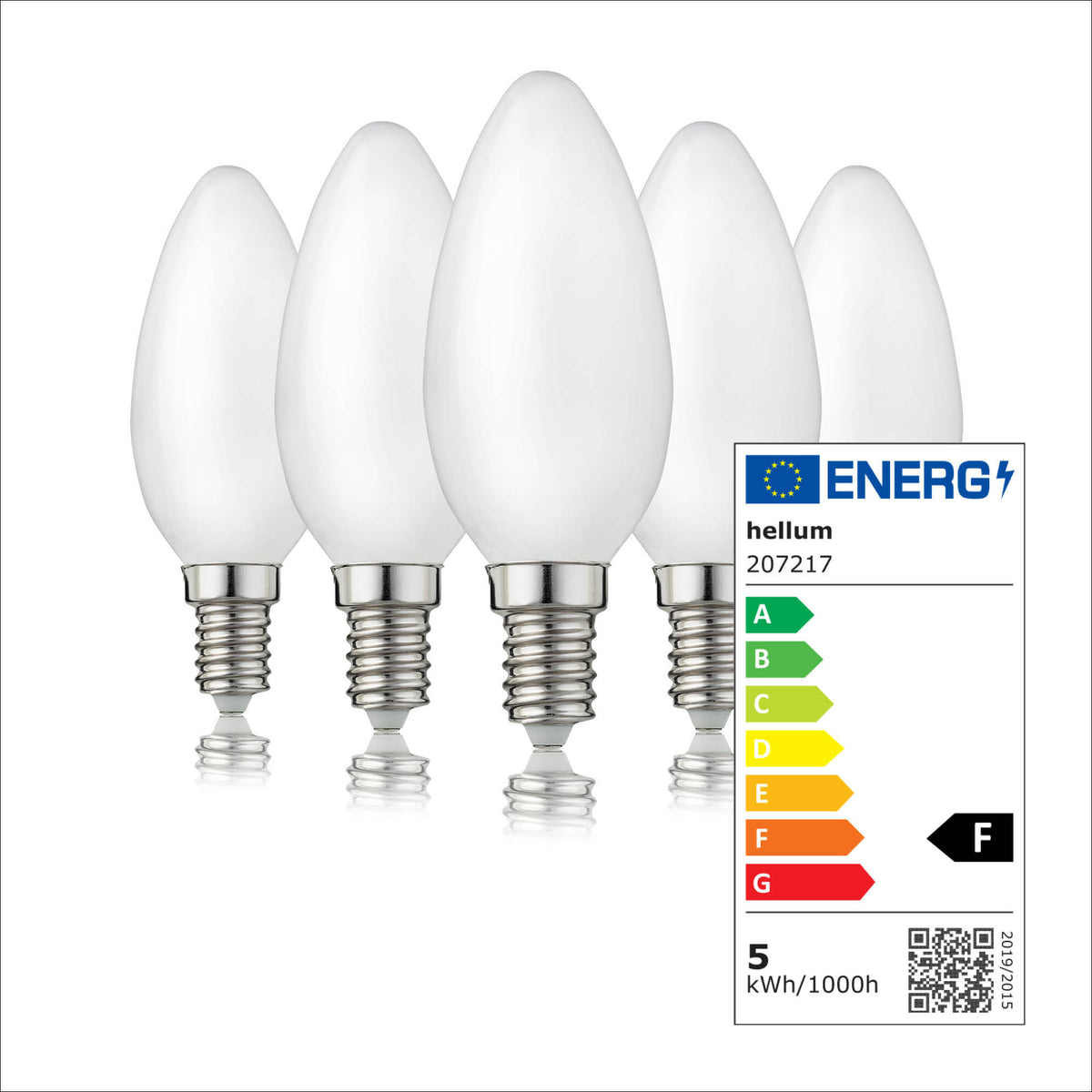 LED Kerzenbirne E14, 5er Set warmweiß, 4,2W 470 Lumen, 90 Ra, matt, EPREL ID 1354056