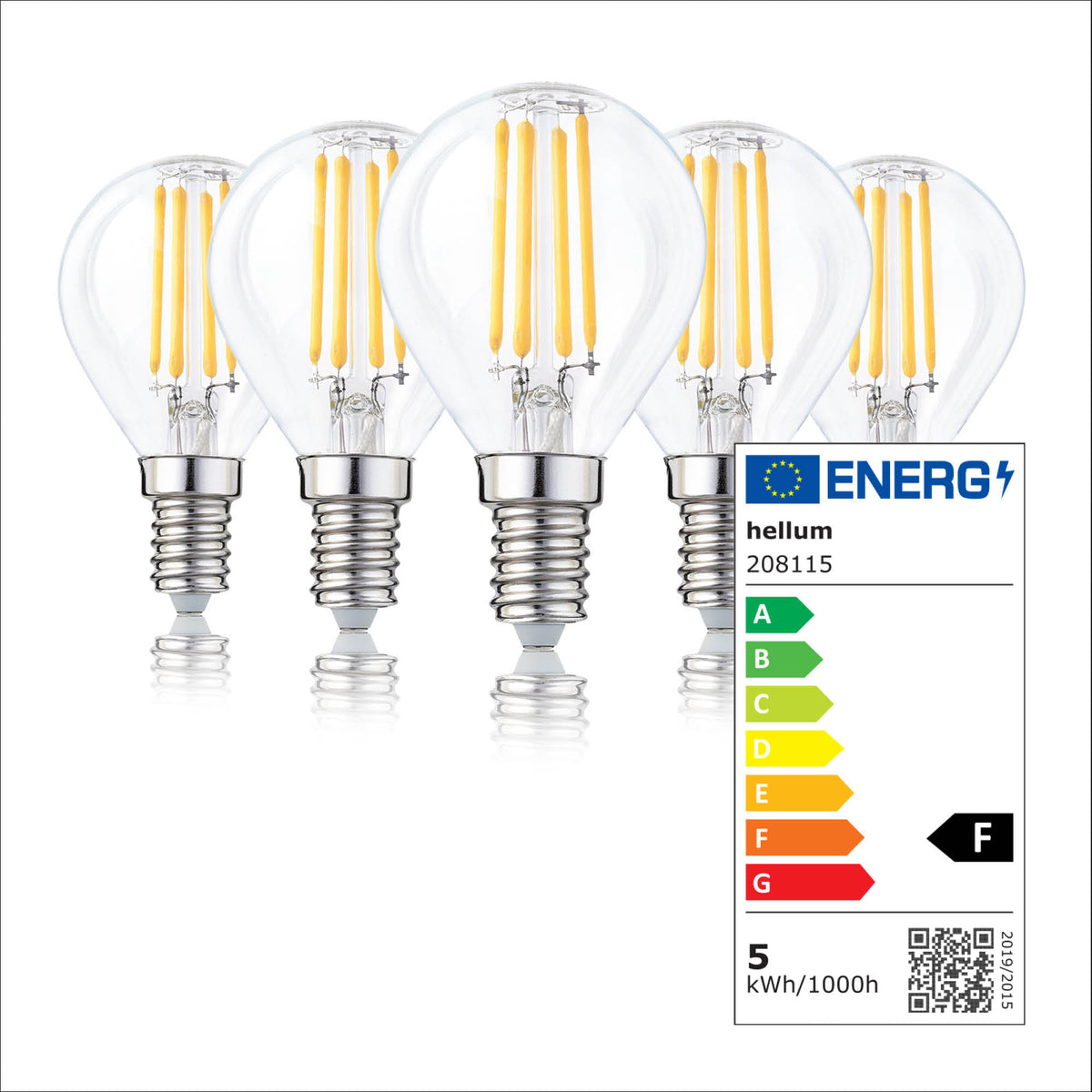 LED Glühbirne E14, 5er Set warmweiß, dimmbar, 4,2W 470 Lumen, 90 Ra, klar, EPREL ID 1359972
