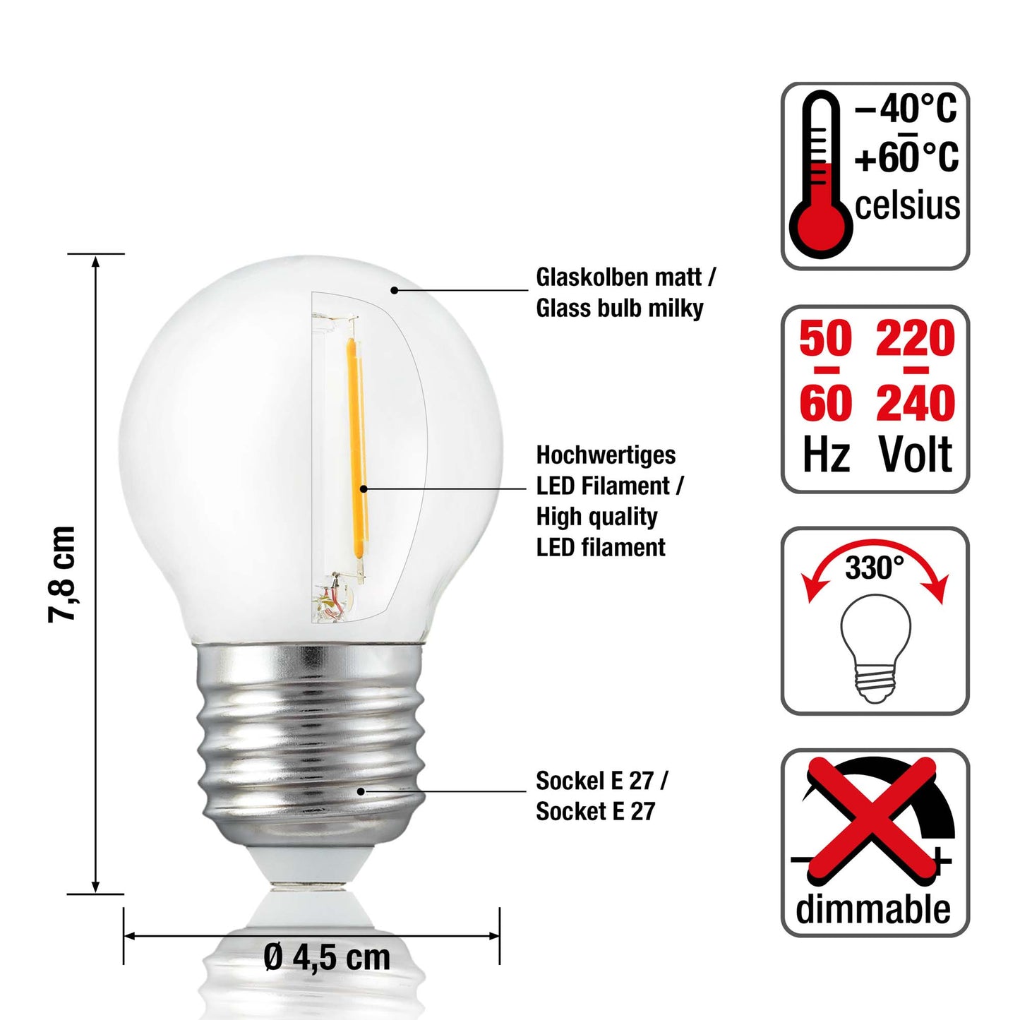LED-Tropfenlampe G45, E27, 2,2W, Glas matt, 250 lm