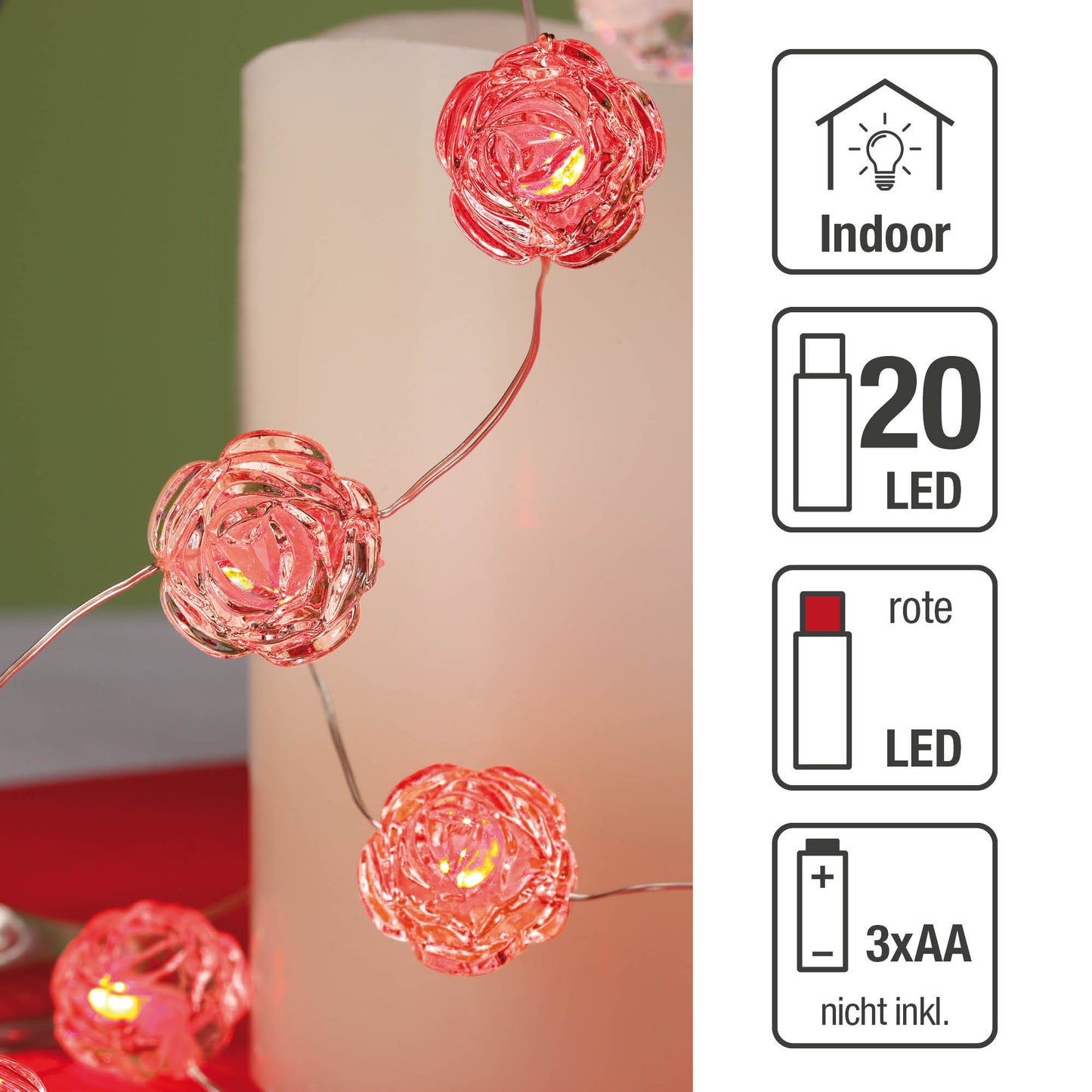 LED-Lichterkette, blankes Kupferkabel, 10cm, Rosen, rote LEDs, 20L, batterieb.