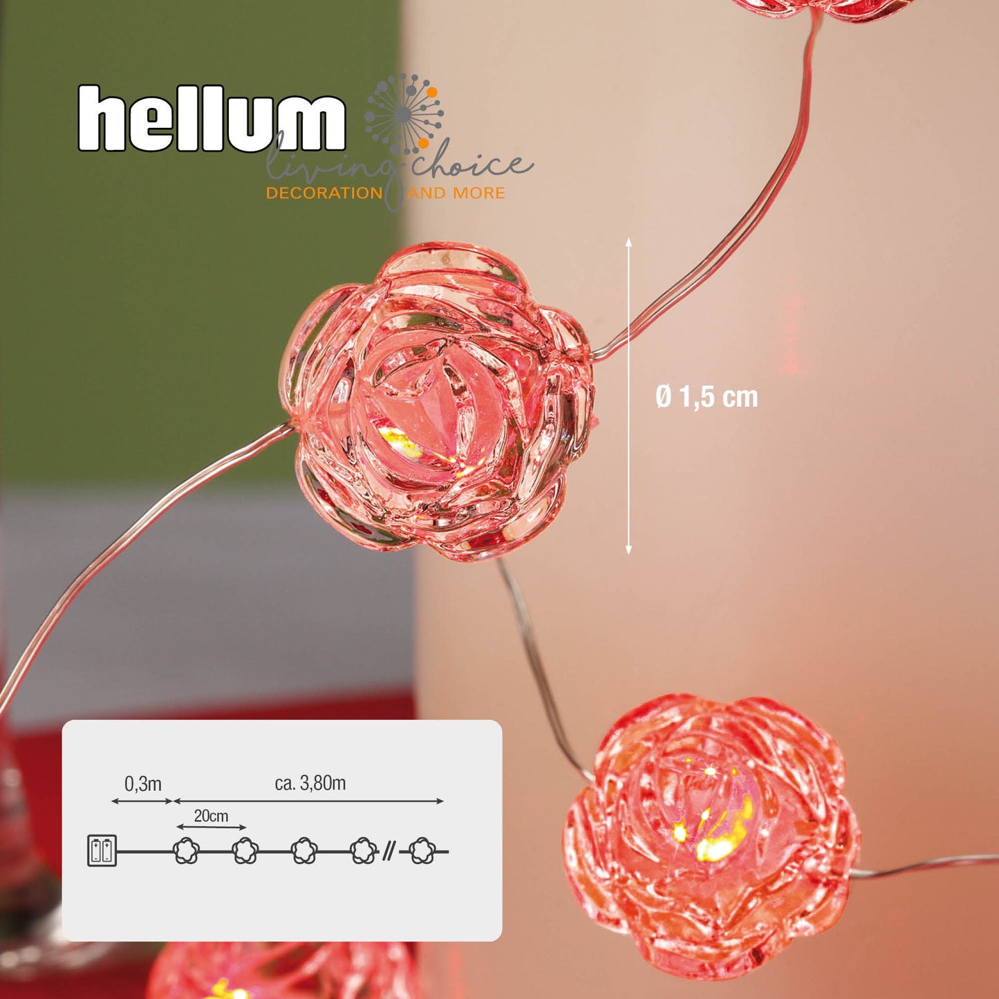 LED-Lichterkette, blankes Kupferkabel, 10cm, Rosen, rote LEDs, 20L, batterieb.