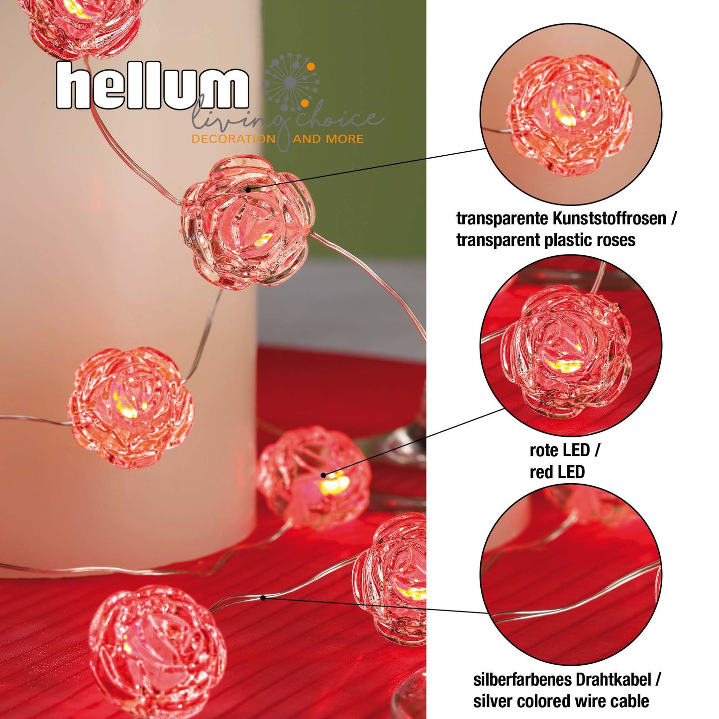 LED-Lichterkette, blankes Kupferkabel, 10cm, Rosen, rote LEDs, 20L, batterieb.