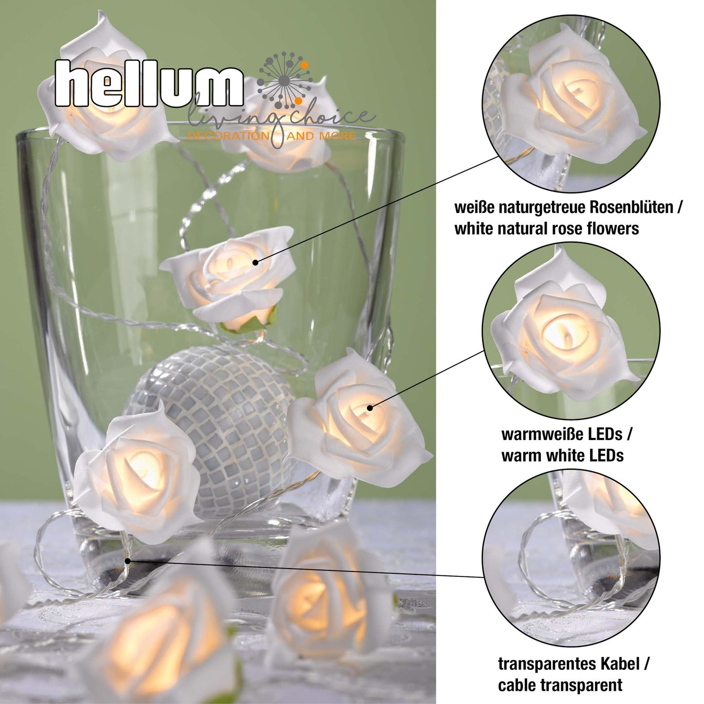2er Set 10-tlg. LED-Lichterkette mit weißen Rosen, warm-weiße LEDs, batteriebetrieben 300239