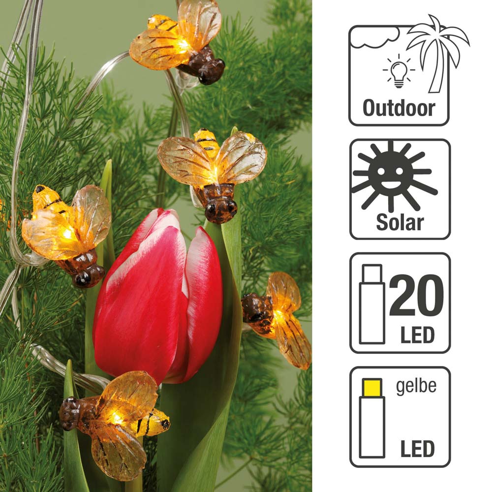 Solar Bienen Lichterkette, 20 LED, Lichterkette außen solar, 380 cm Lichtlänge