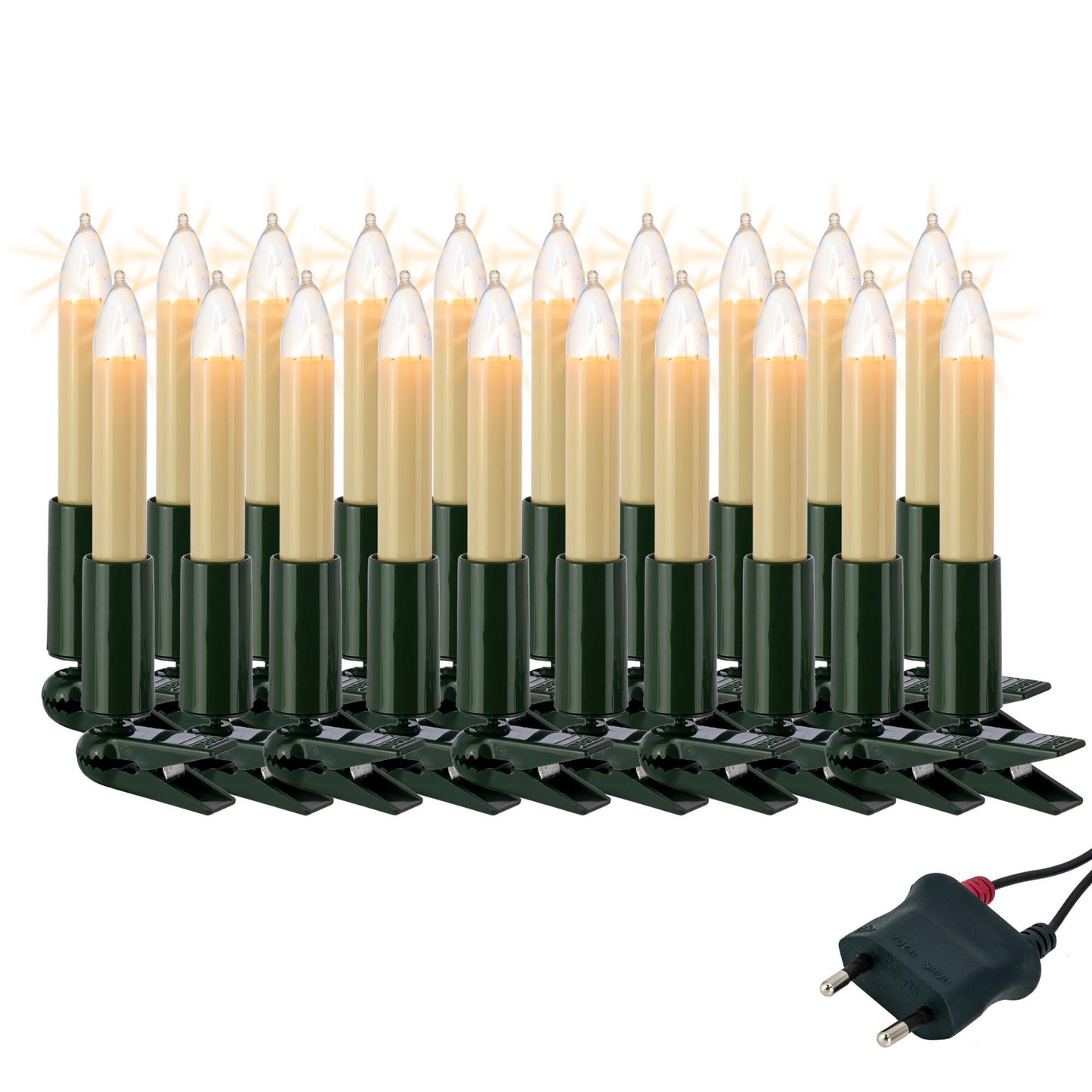 20-tlg. Schaftkerzenkette, klare Lampen, für innen, teilb. Stecker