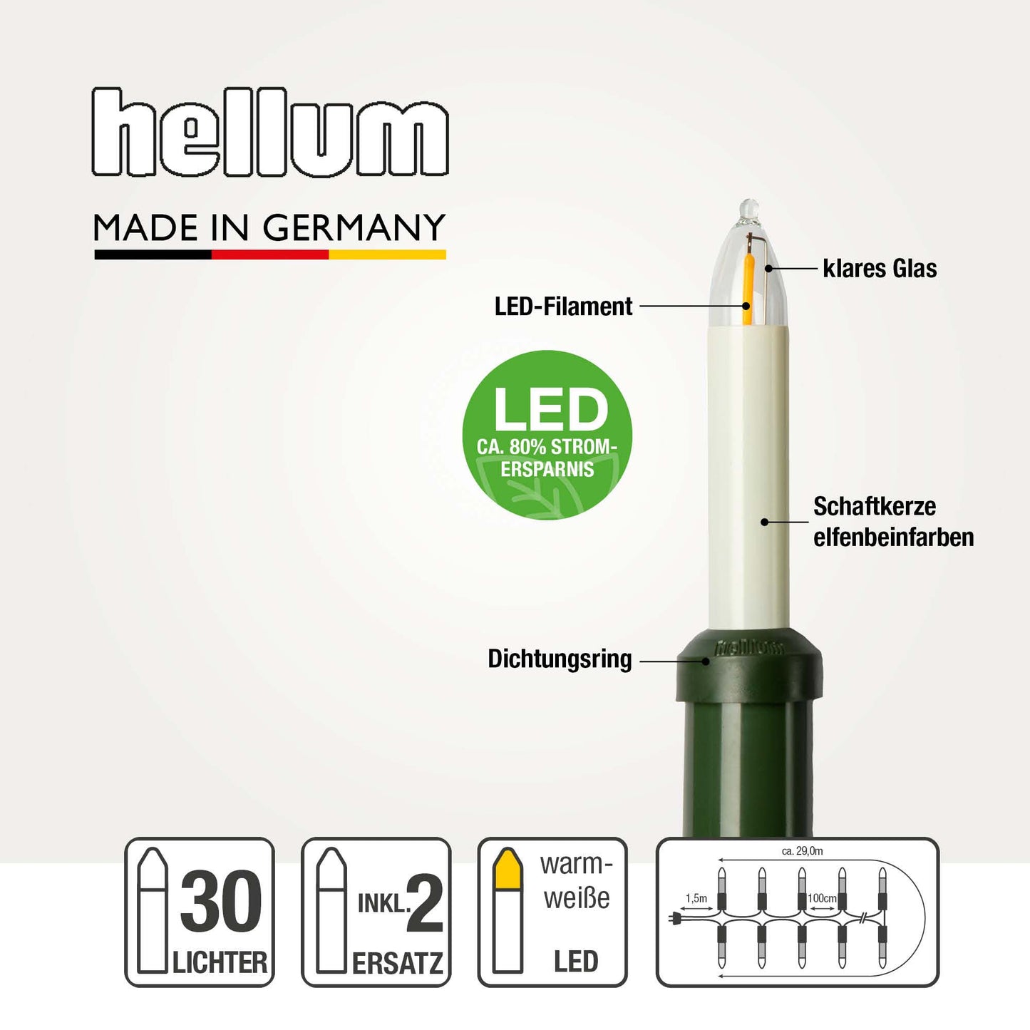 30-tlg. LED-Filament-Schaftkerzenkette, Made in Germany warm-weiß, für außen, teilb. Stecker 430042