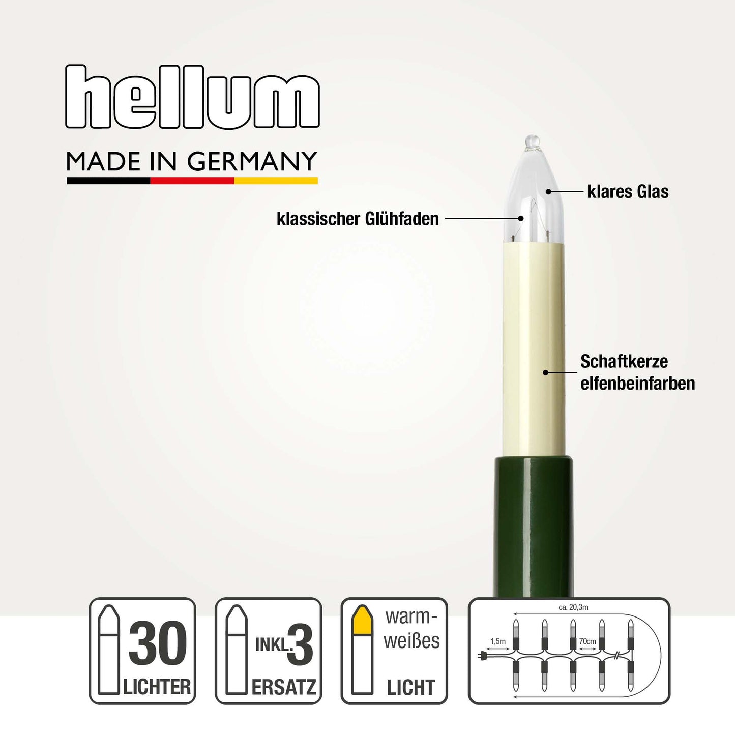 30-tlg. Schaftkerzenkette, klare Lampen, für innen, teilbarer Stecker +3Ersatzkerzen 430080