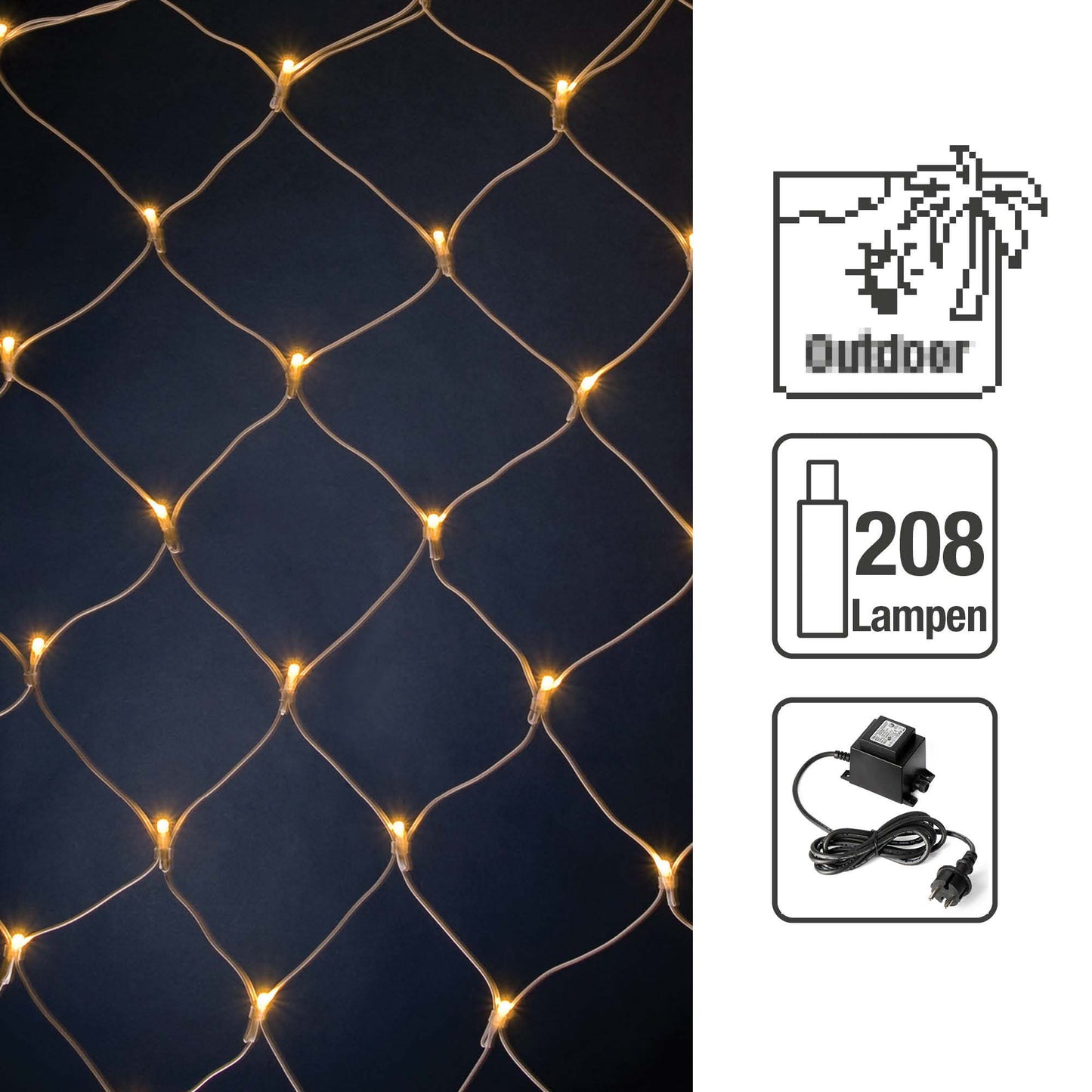 208-tlg. Pavillon-Netz, weißes Kabel, klare Birnen, 3 x 3 m, Außen-Trafo