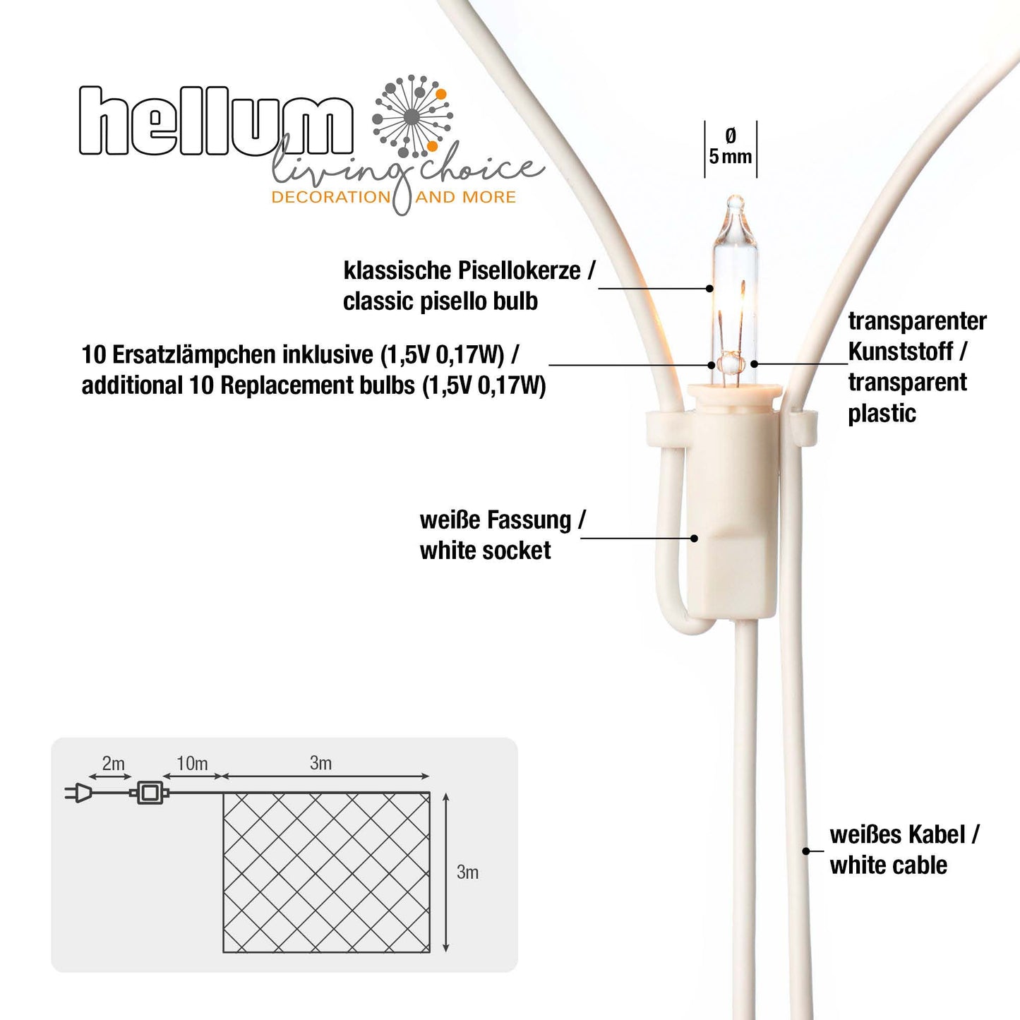 208-tlg. Pavillon-Netz, weißes Kabel, klare Birnen, 3 x 3 m, Außen-Trafo