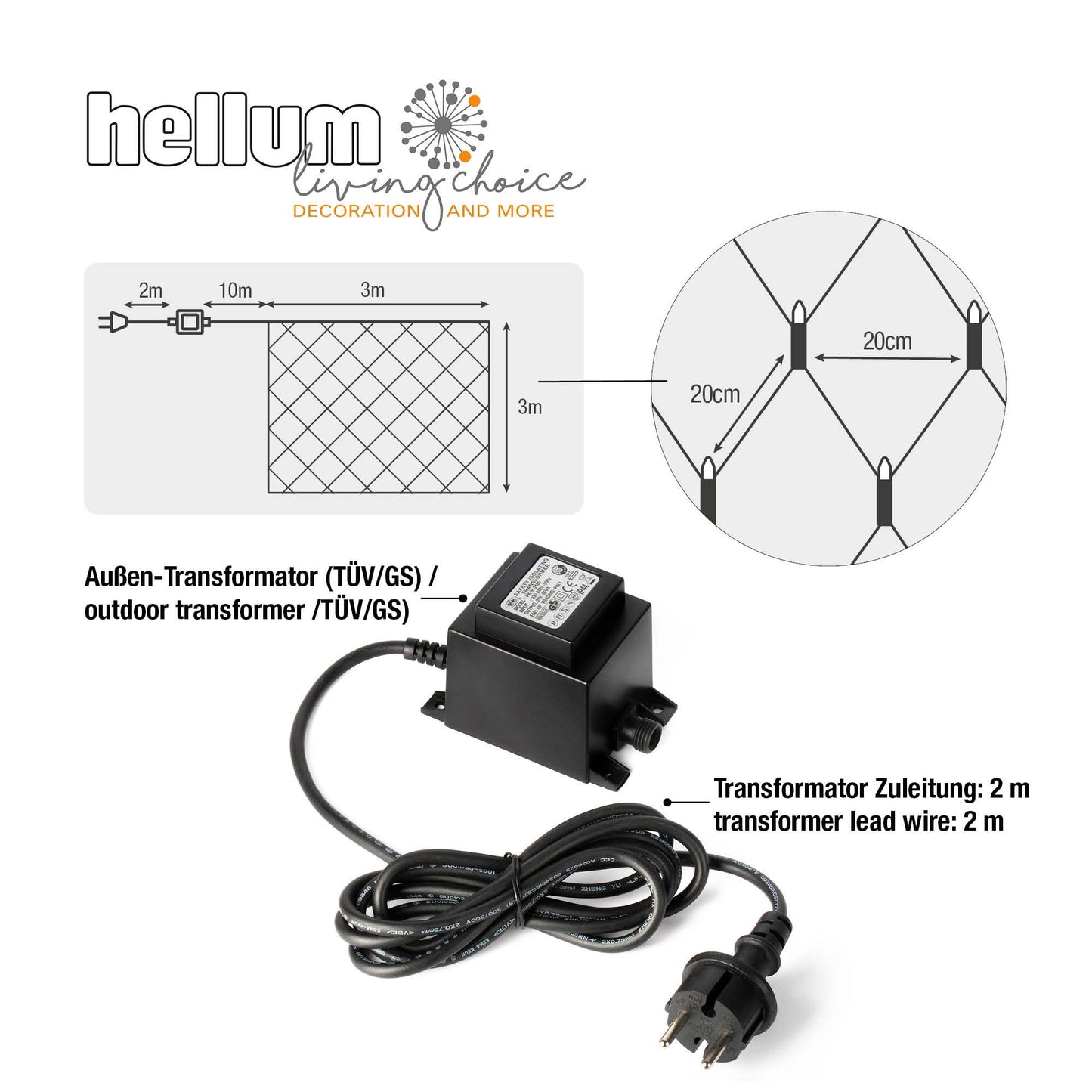 208-tlg. Pavillon-Netz, weißes Kabel, klare Birnen, 3 x 3 m, Außen-Trafo
