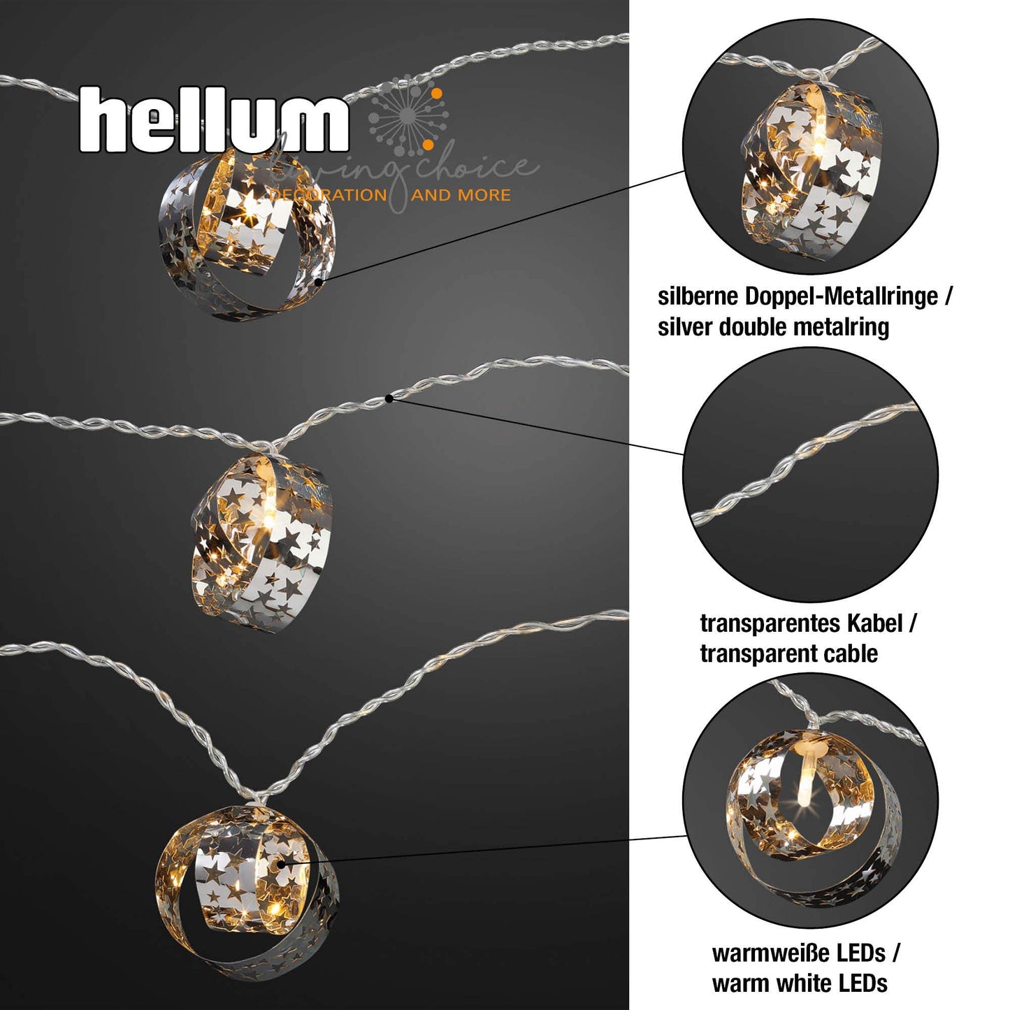 LED-Metall-Doppelringe, mit Sternen, 8 LEDs ww, batteriebetrieben