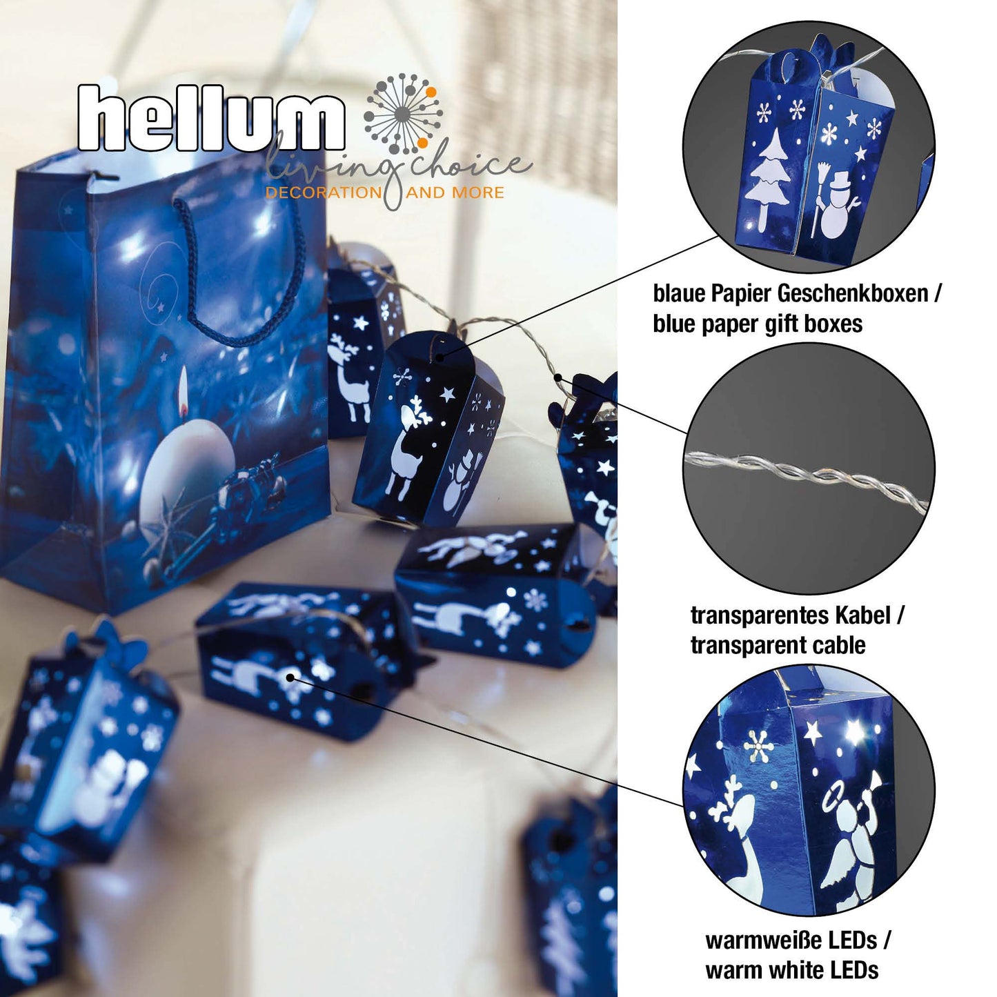 10-tlg. LED-Lichterkette mit blauen Geschenkboxen, warm-weiß, transparentes Kabel, batteriebetrieben