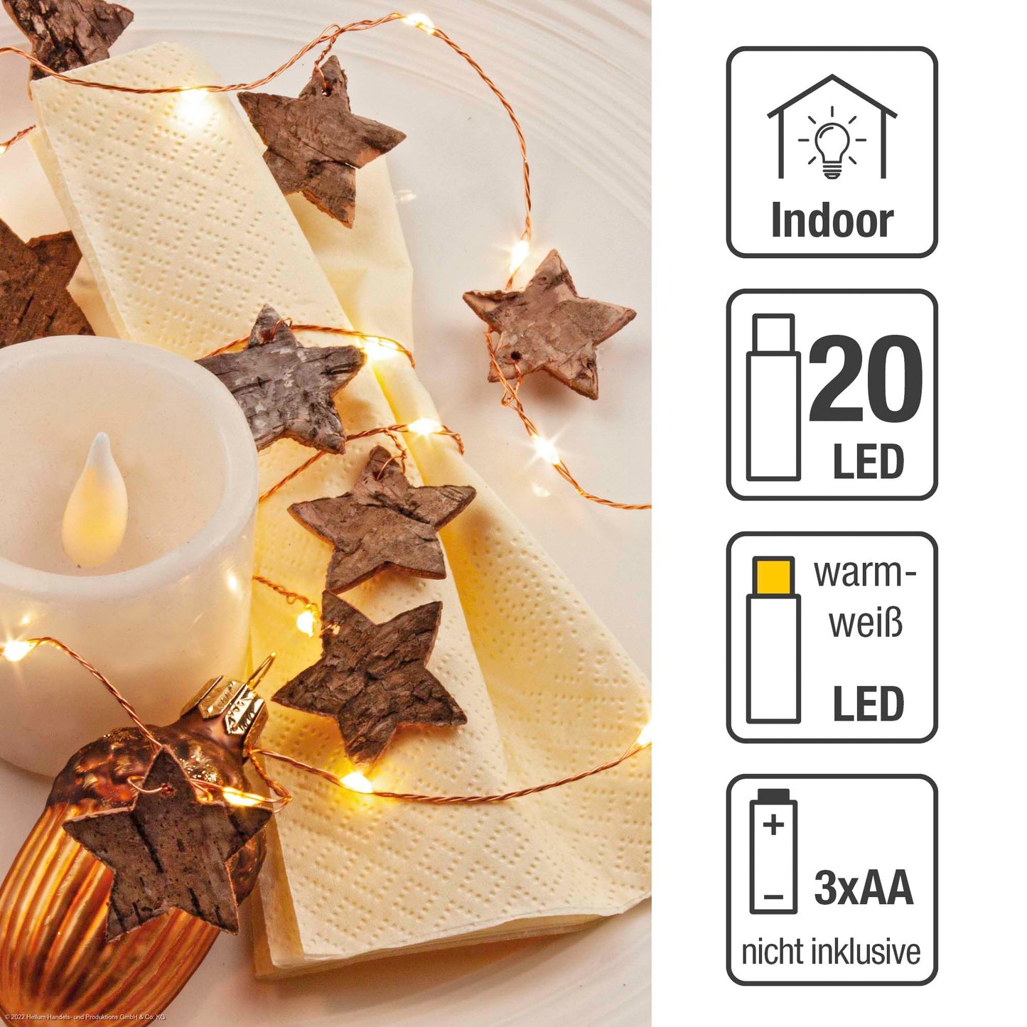LED 20-tlg. LED-Lichterkette mit Sternen aus Birkenrinde, batteriebetrieben 520460