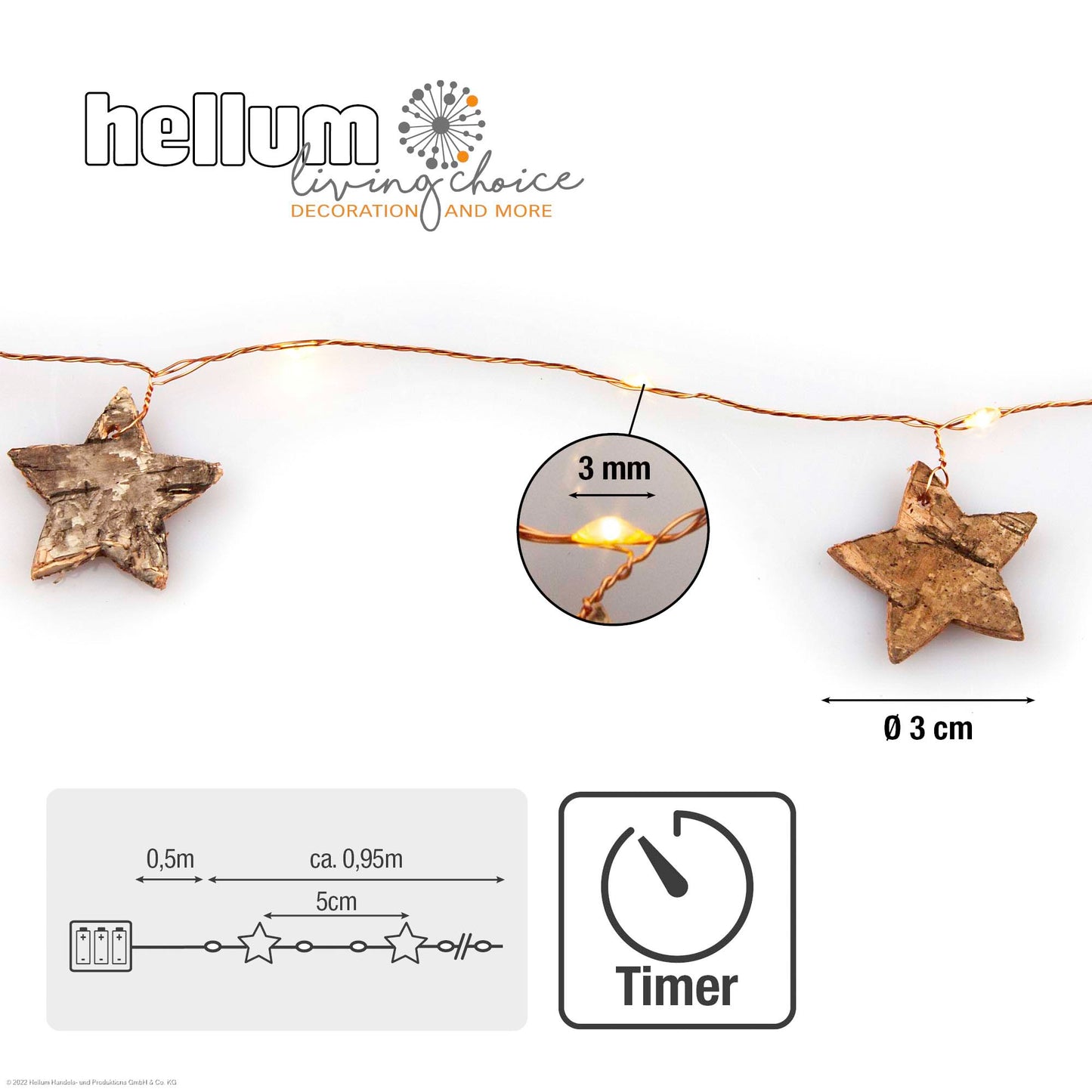 LED 20-tlg. LED-Lichterkette mit Sternen aus Birkenrinde, batteriebetrieben 520460