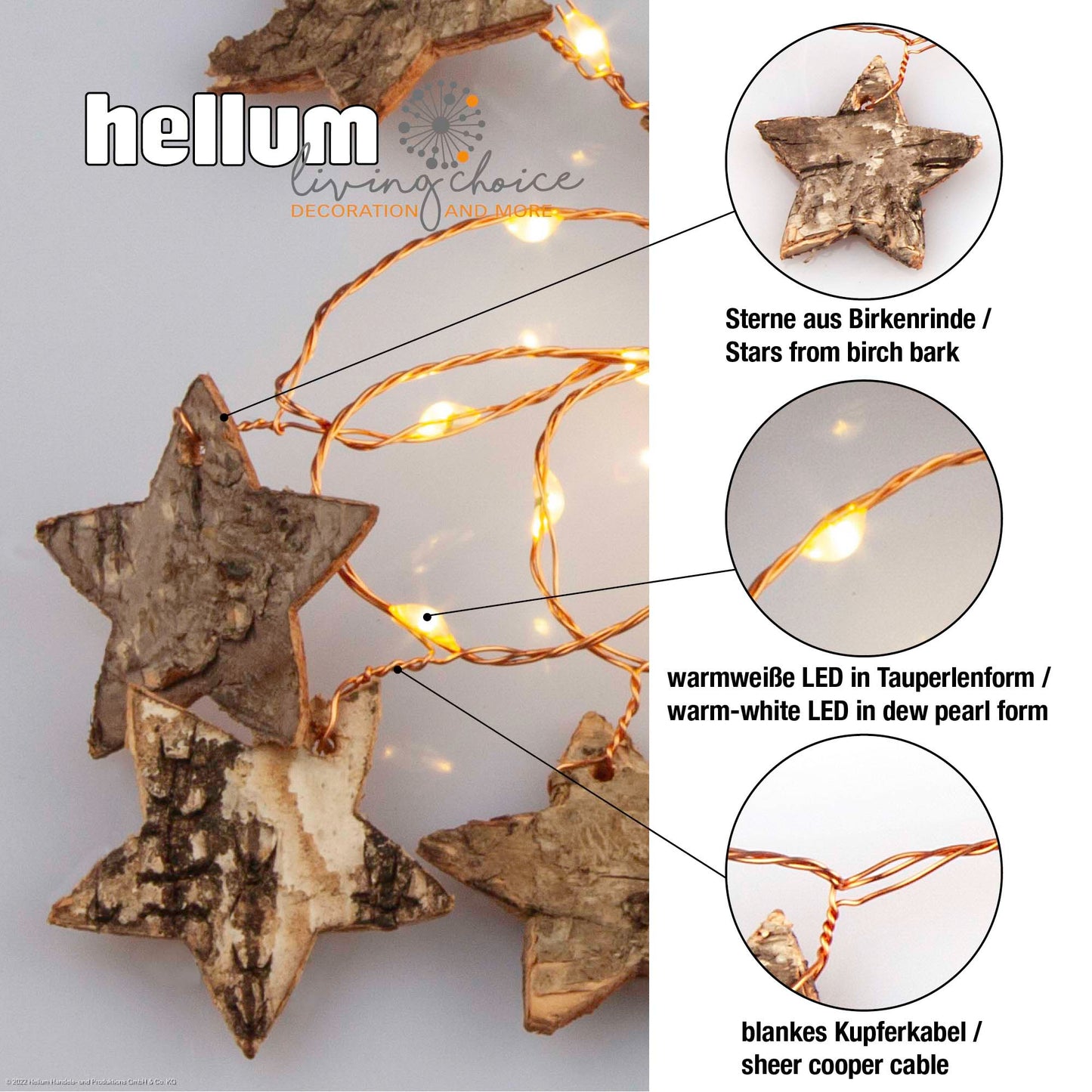 LED 20-tlg. LED-Lichterkette mit Sternen aus Birkenrinde, batteriebetrieben 520460