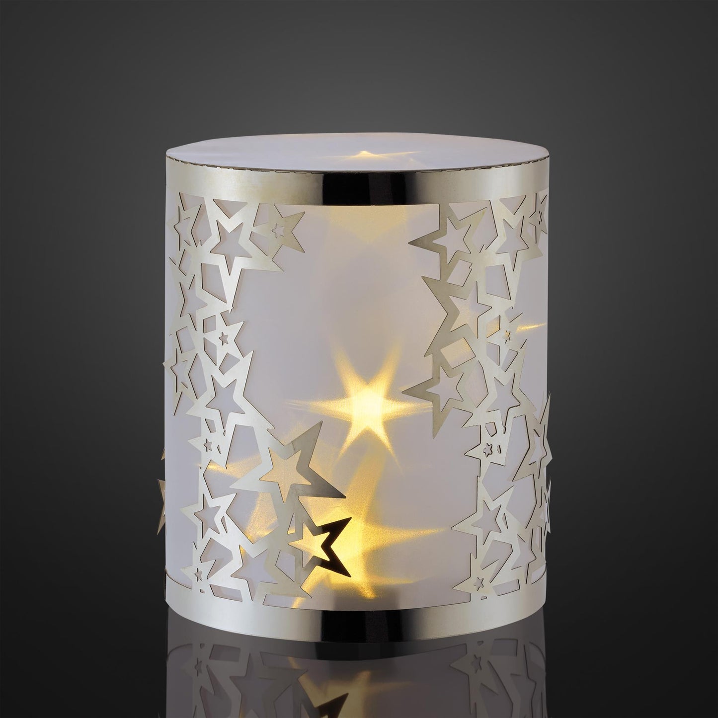 LED-Metall-Säule rund, Sterne+ 3D-Folie, 5 LEDs ww, batteriebetrieben
