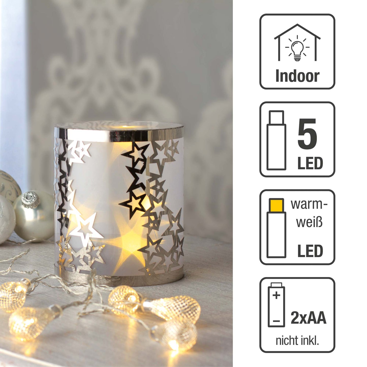 LED-Metall-Säule rund, Sterne+ 3D-Folie, 5 LEDs ww, batteriebetrieben