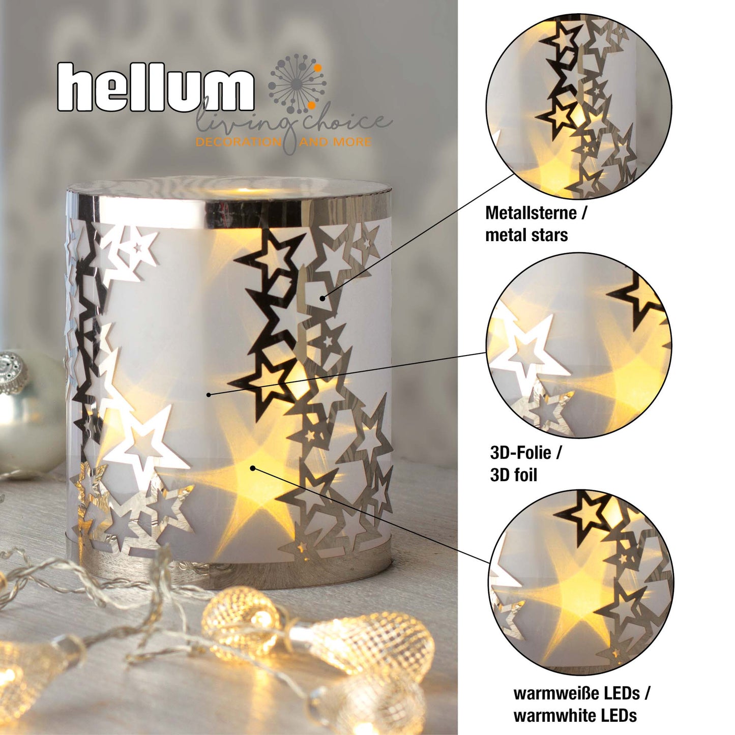 LED-Metall-Säule rund, Sterne+ 3D-Folie, 5 LEDs ww, batteriebetrieben