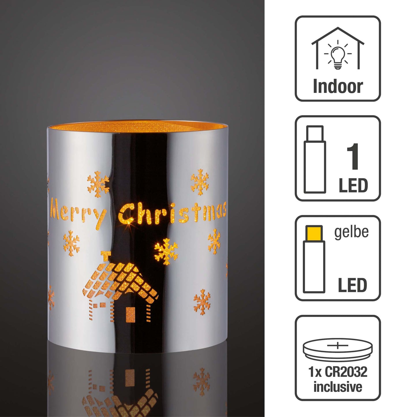 LED-Metall-Dekoglas “Merry Christmas“, LED-Teelicht, batteriebetrieben