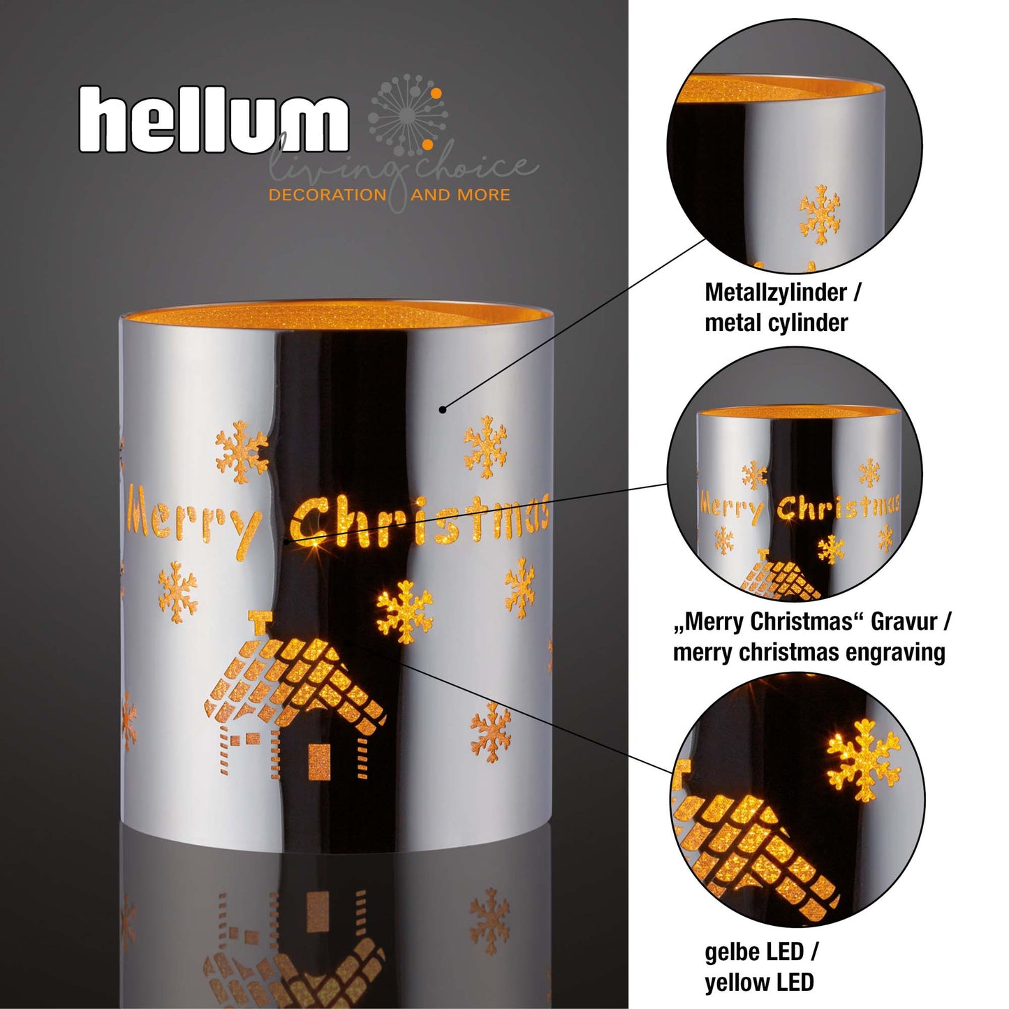 LED-Metall-Dekoglas “Merry Christmas“, LED-Teelicht, batteriebetrieben