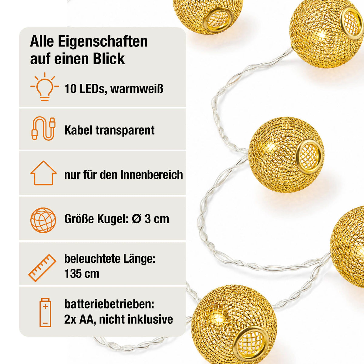 LED Lichterkette mit goldenen Metallbällen innen, 10 LED warmweiß, 1,35 m beleuchtet, transparentes Kabel, batteriebetrieben