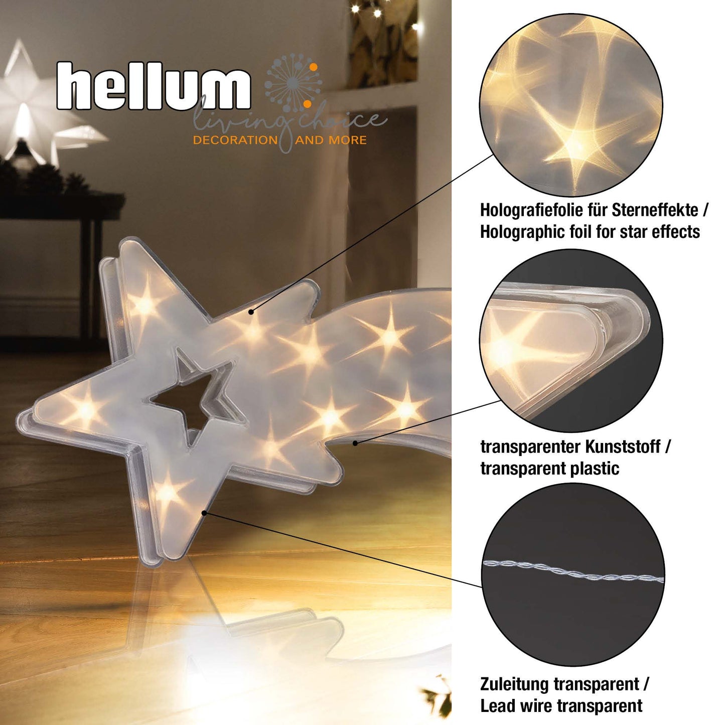 LED-Holografie Sternschnuppe, 16 LEDs ww, batteriebetrieben