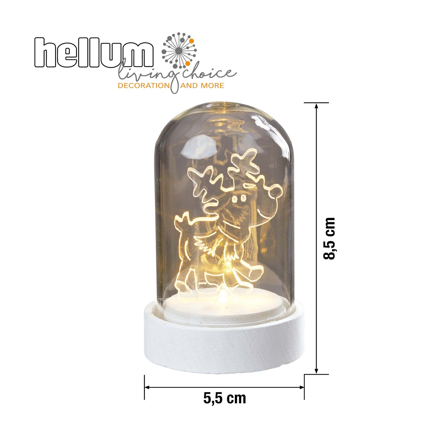 LED-Glas-Glocke mit Acryl Rentier, 1 LED ww, inkl. Batterien