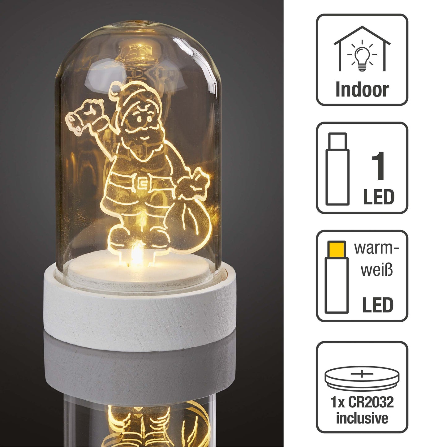 LED-Glas-Glocke mit Acryl Weihnachtsmann, 1 LED ww, Batterien inkl.