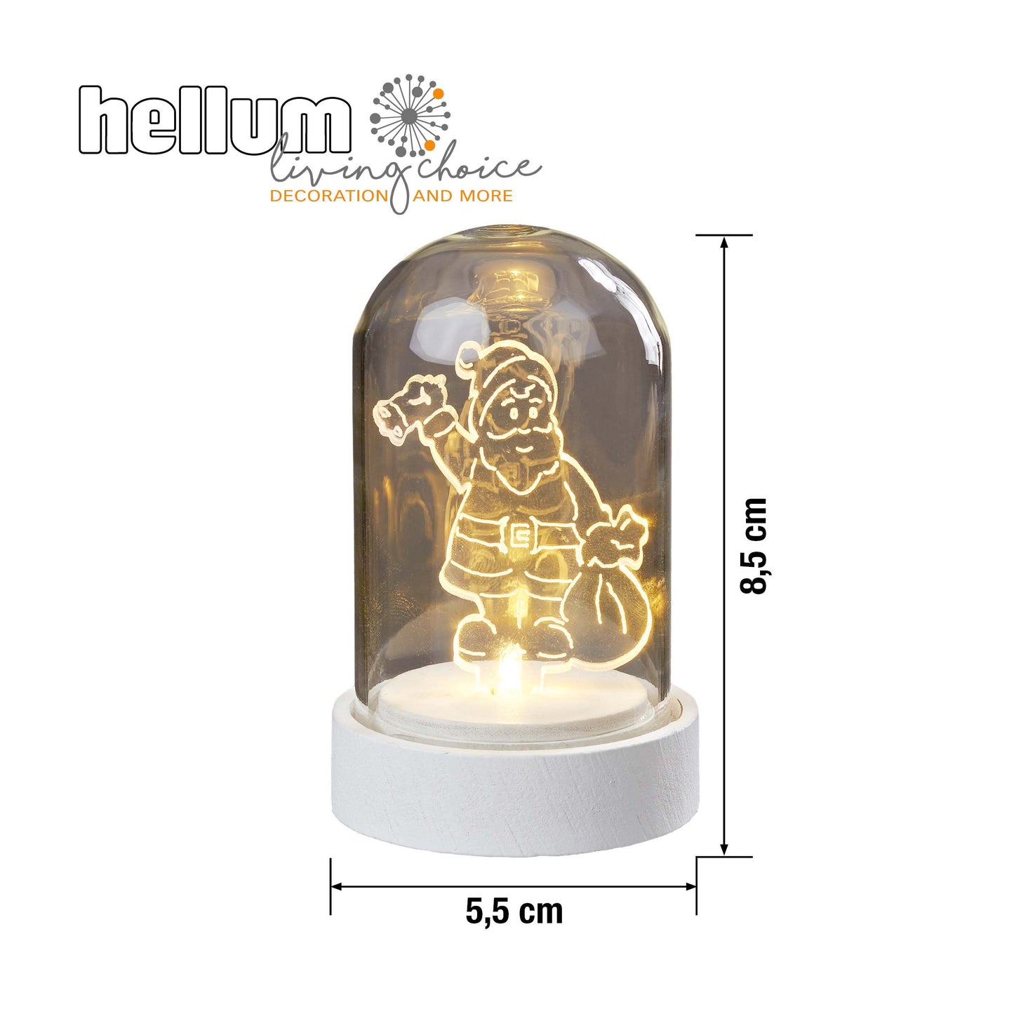 LED-Glas-Glocke mit Acryl Weihnachtsmann, 1 LED ww, Batterien inkl.