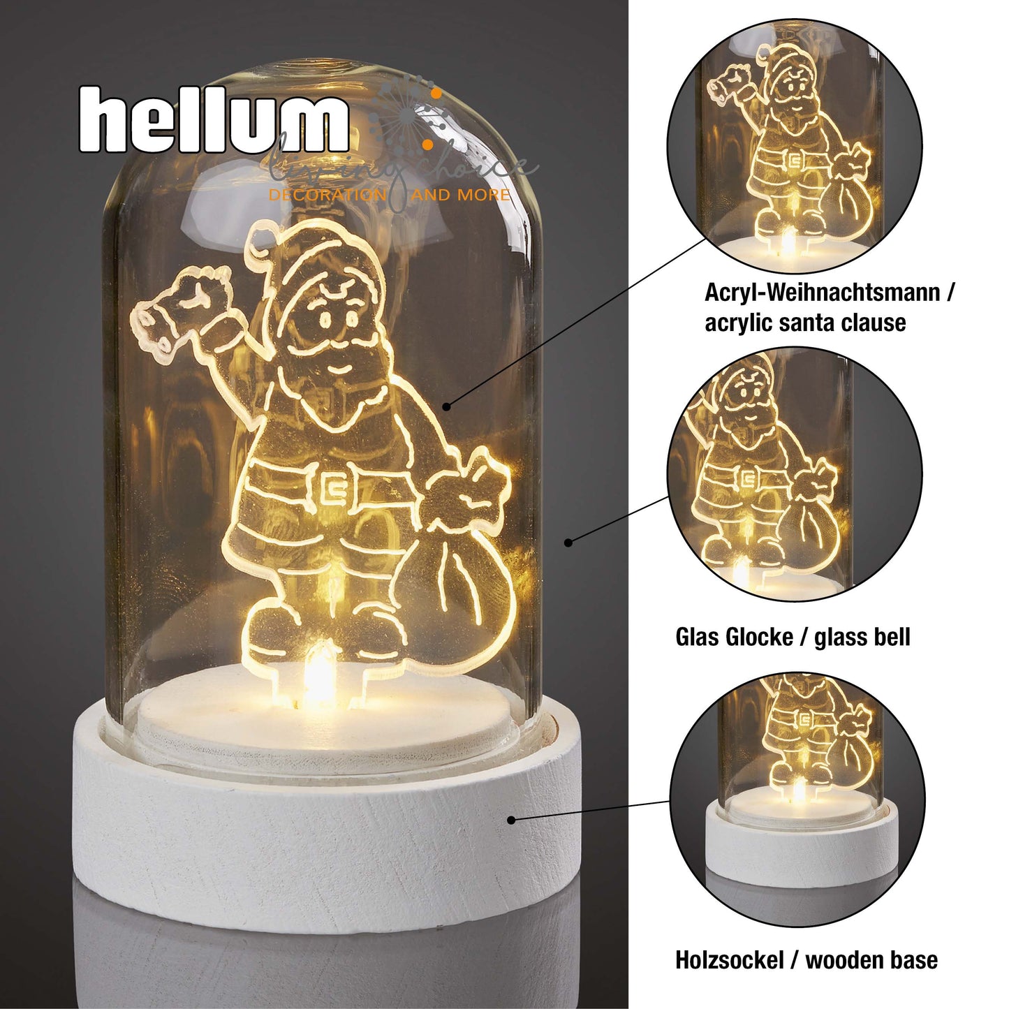 LED-Glas-Glocke mit Acryl Weihnachtsmann, 1 LED ww, Batterien inkl.