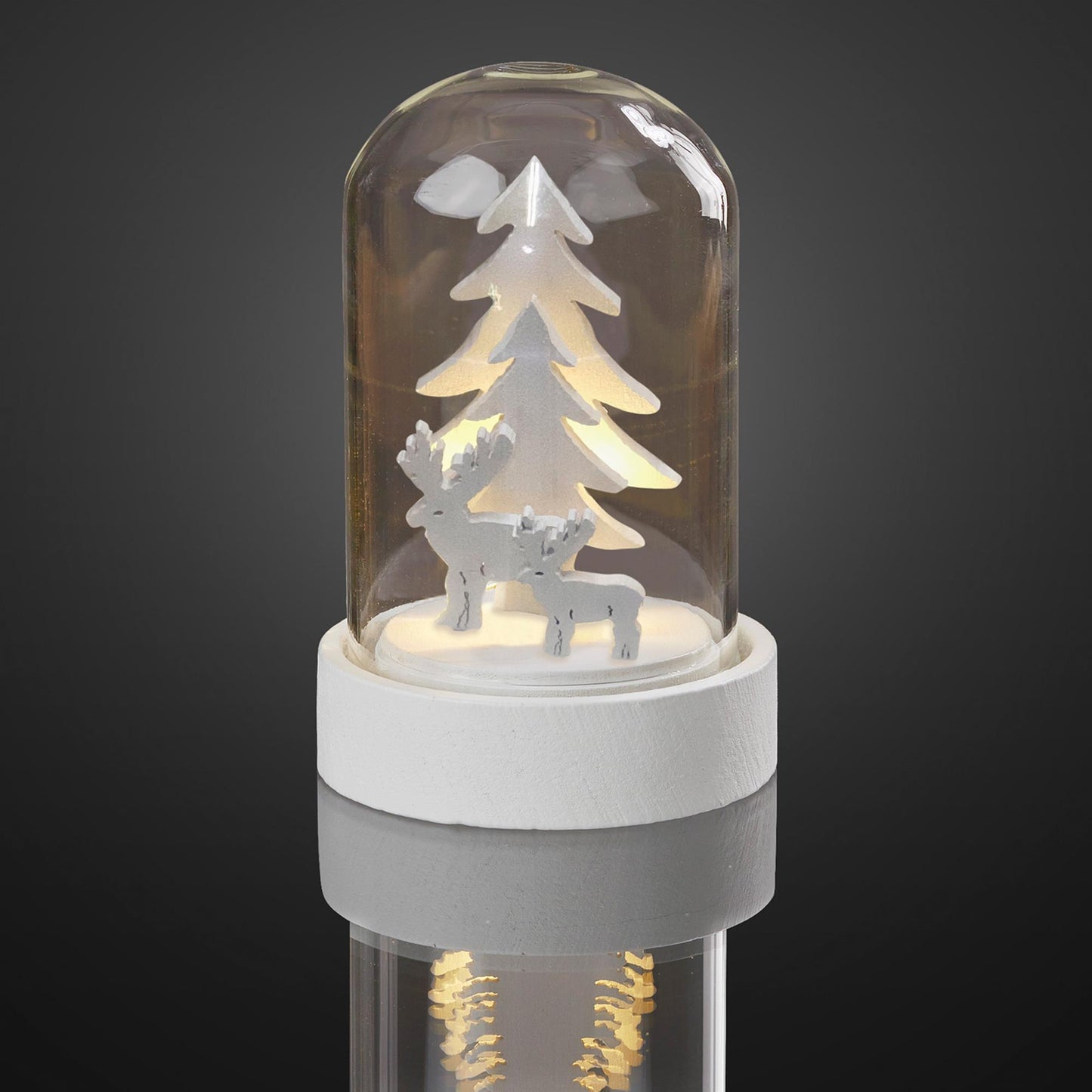 LED-Glas-Glocke mit Tannenbäumen und Rentieren, 1 LED ww, Batterien inkl.