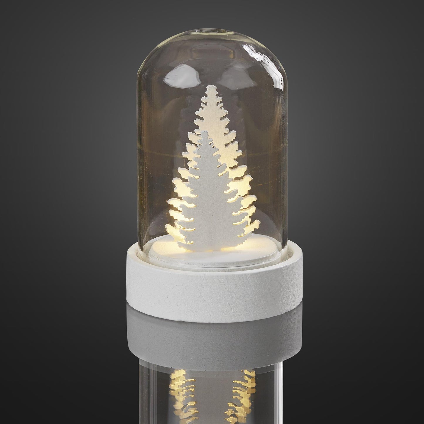 LED-Glas-Glocke mit Tannenbäumen, 1 LED ww, Batterien inkl.