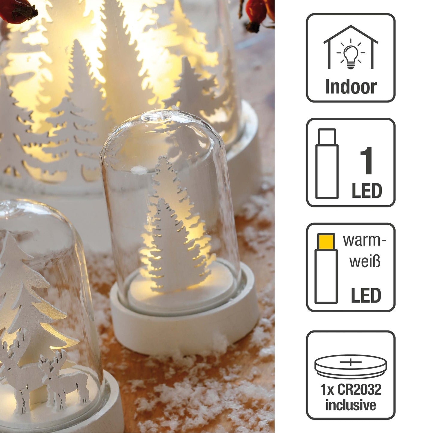 LED-Glas-Glocke mit Tannenbäumen, 1 LED ww, Batterien inkl.