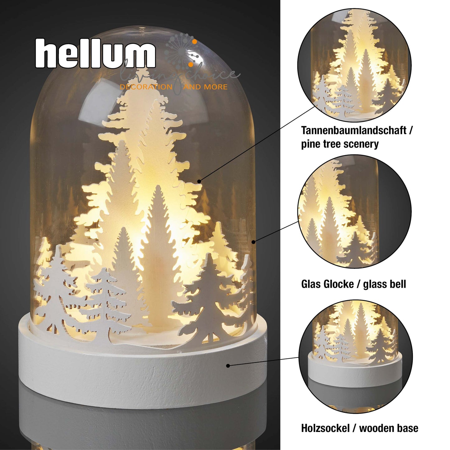 LED-Glocke mit weißen Tannenbäumen, 3 LEDs ww, batteriebetrieben